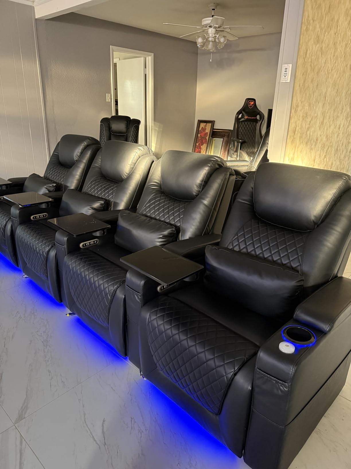 Airadlis Home Theater Seating Seats, Theater Recliner Chair Sofa Game Movie Theater Chairs with 7 Colors Ambient Lighting, Lumbar Pillow, Side Pocket, Tray Table, Power Recline, Black customer photo 1