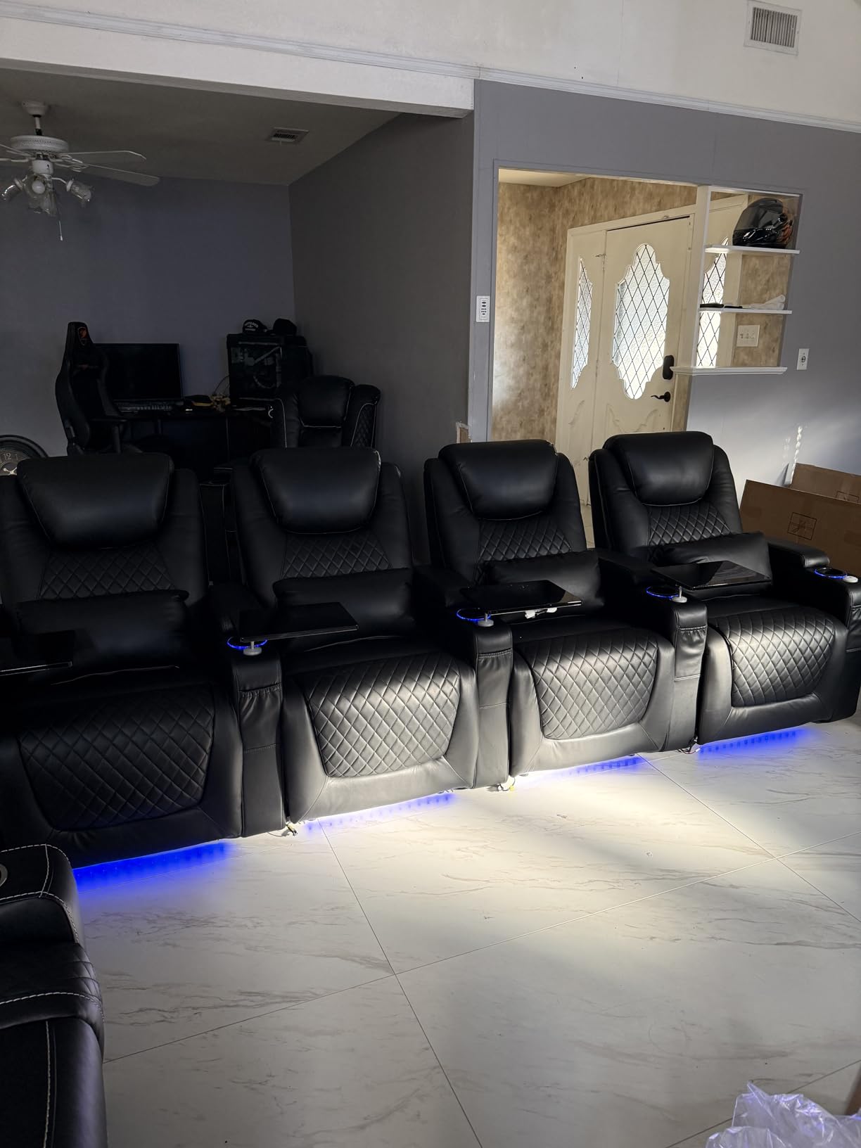 Airadlis Home Theater Seating Seats, Theater Recliner Chair Sofa Game Movie Theater Chairs with 7 Colors Ambient Lighting, Lumbar Pillow, Side Pocket, Tray Table, Power Recline, Black customer photo 2