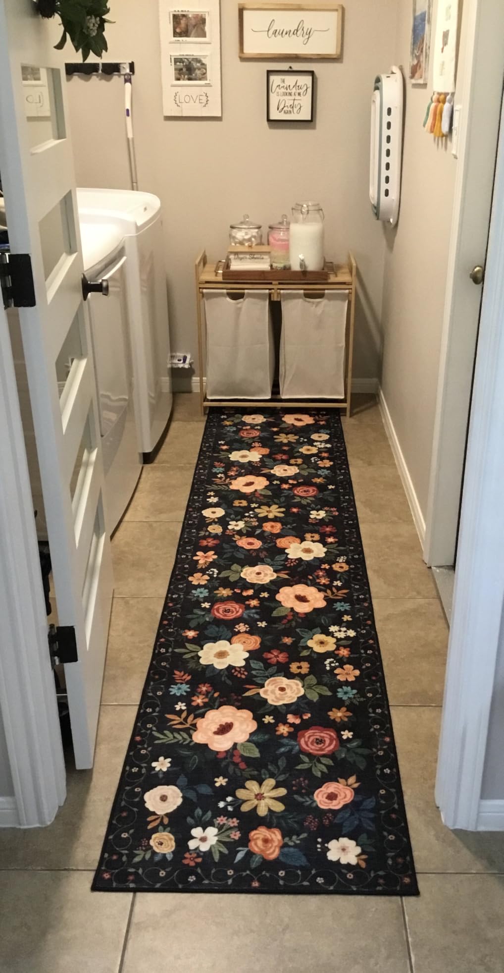 DUKINO 2x6 Runner Rug for Hallway, Washable Kitchen Runner Rug with Non Slip Backing, Low Pile Soft Boho Floral Runner for Kitchen, Hallway, Entryway, Laundry, Bedroom, Black customer photo 1
