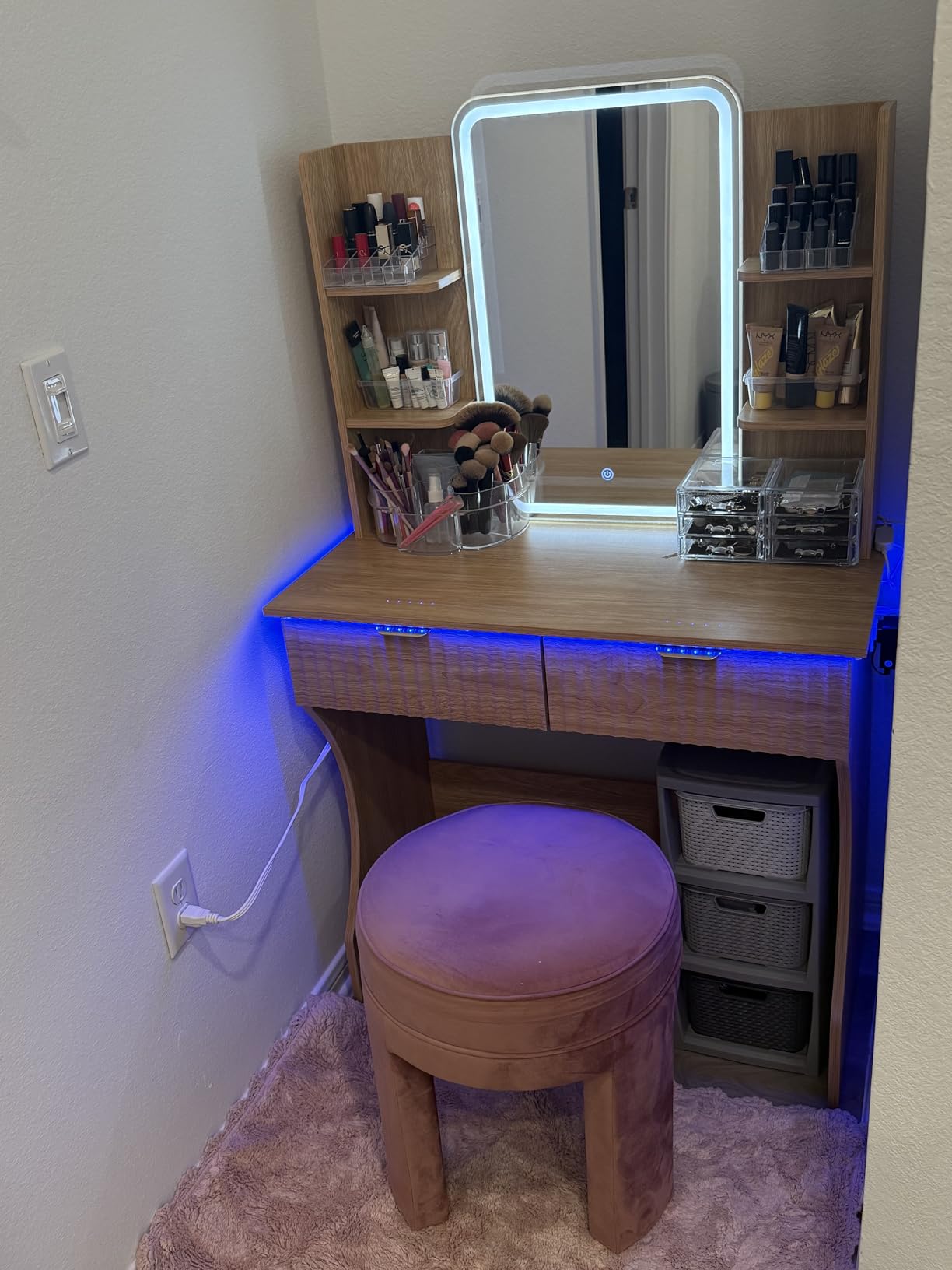 Vanity Desk with LED Lights Mirror & Power Outlet, Small Makeup Vanity Table Set with Storage Drawers & Chair, 3 Lighting Modes & Adjustable Brightness, Dressing Table for Women Girls Bedroom, White customer photo 1