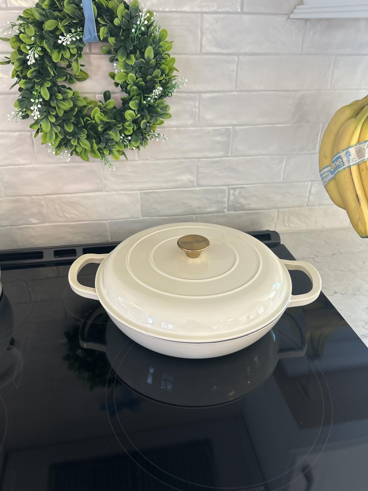 Overmont Enameled Cast Iron Dutch Oven - 3.8 Quart Dutch Oven Pot with Lid - Shallow Cookware Braising Pan - Cast iron Casserole with Cookbook & Heat-resistant Caps - Oven Safe up to 500° F customer photo 2