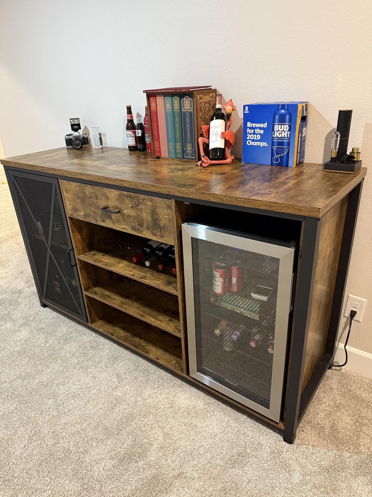 LVB Bar Cabinet with Fridge Space, Wood Long Liquor Cabinet with Drawer Storage, Vintage Wooden Metal Big Wine Cabinet with Cooler, Industrial Sideboard Buffet for Kitchen Dining Room, Walnut, 70 Inch customer photo 1
