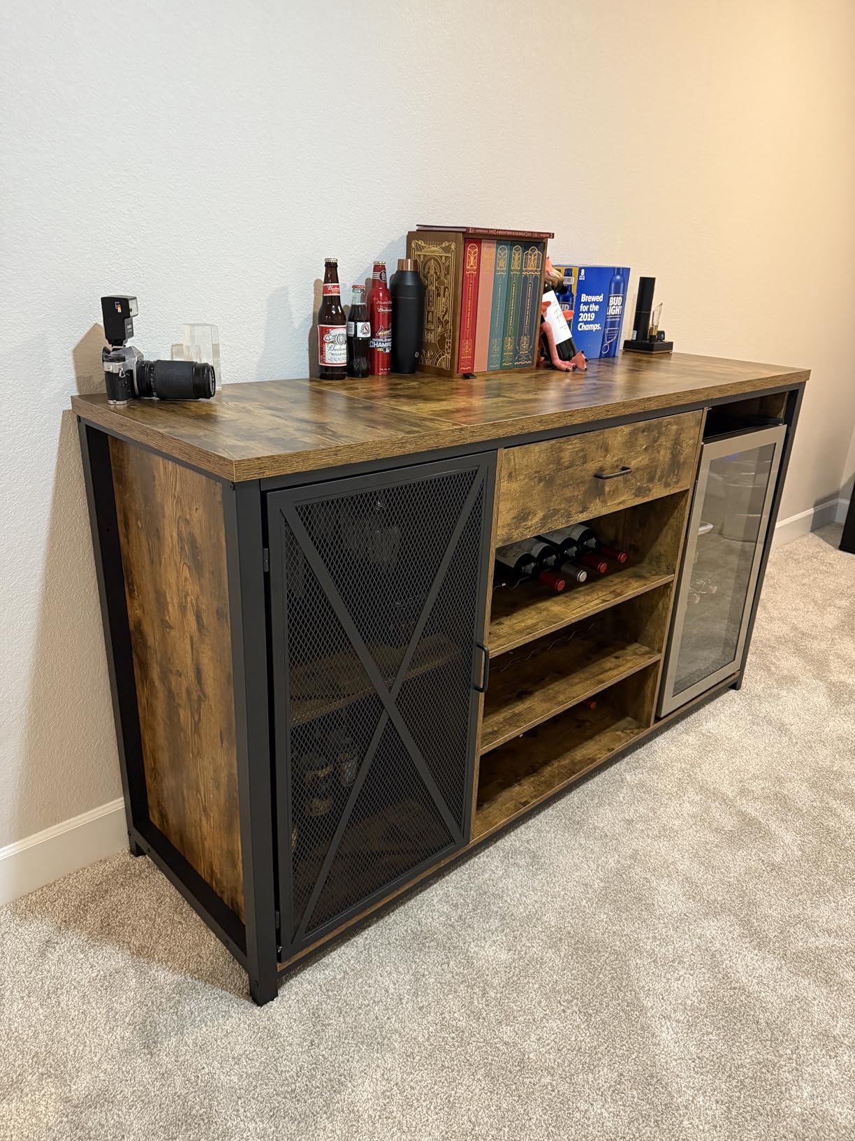 LVB Bar Cabinet with Fridge Space, Wood Long Liquor Cabinet with Drawer Storage, Vintage Wooden Metal Big Wine Cabinet with Cooler, Industrial Sideboard Buffet for Kitchen Dining Room, Walnut, 70 Inch customer photo 2