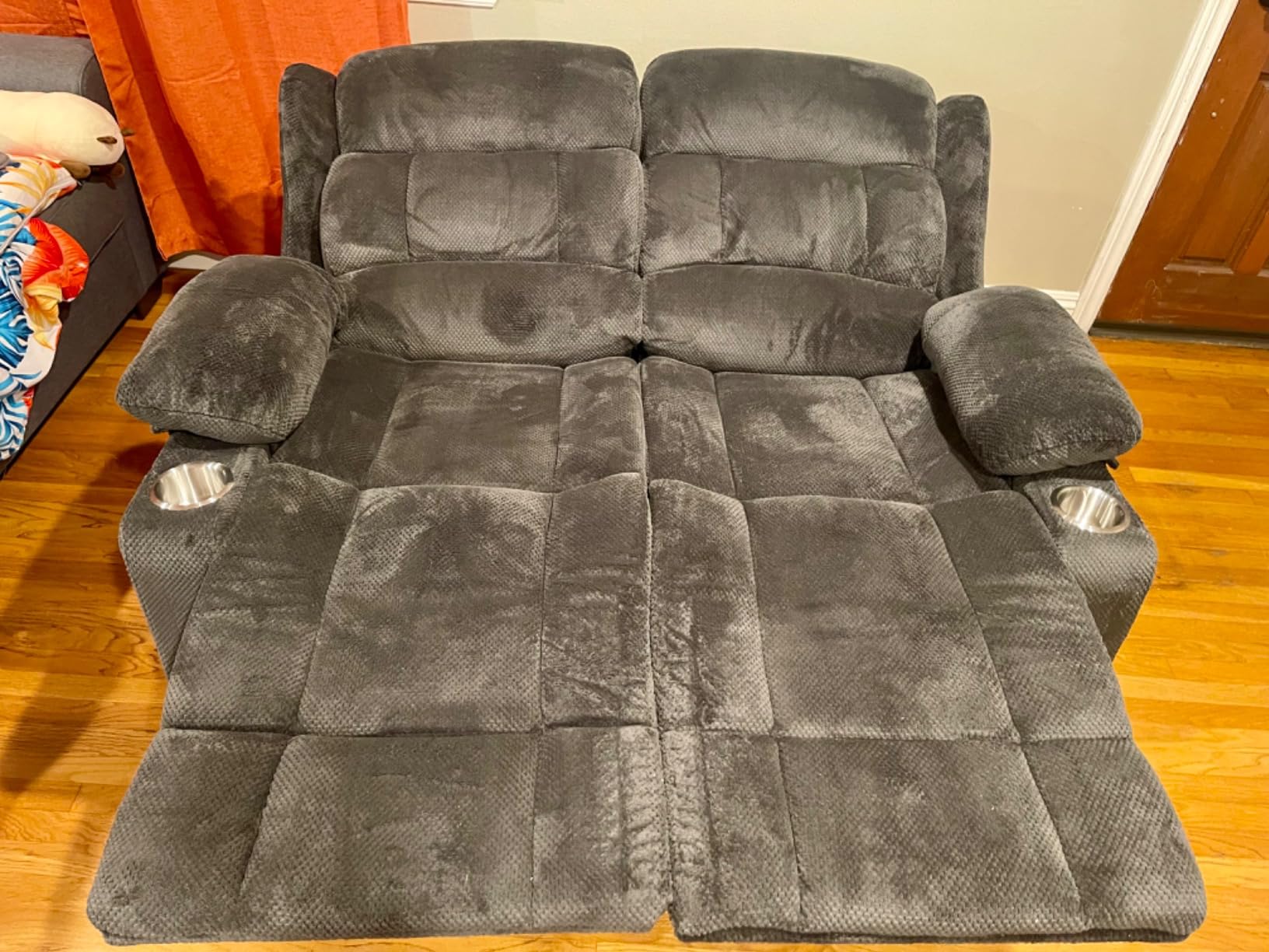Loveseat Recliner Sofa, 2 Seater Minimalist Style Fabric Manual Pull Tab Reclining Loveseat with USB Charge Ports, Cup Holders, Recliner Love Seat Couches for Living Room, RV, Gray customer photo 2