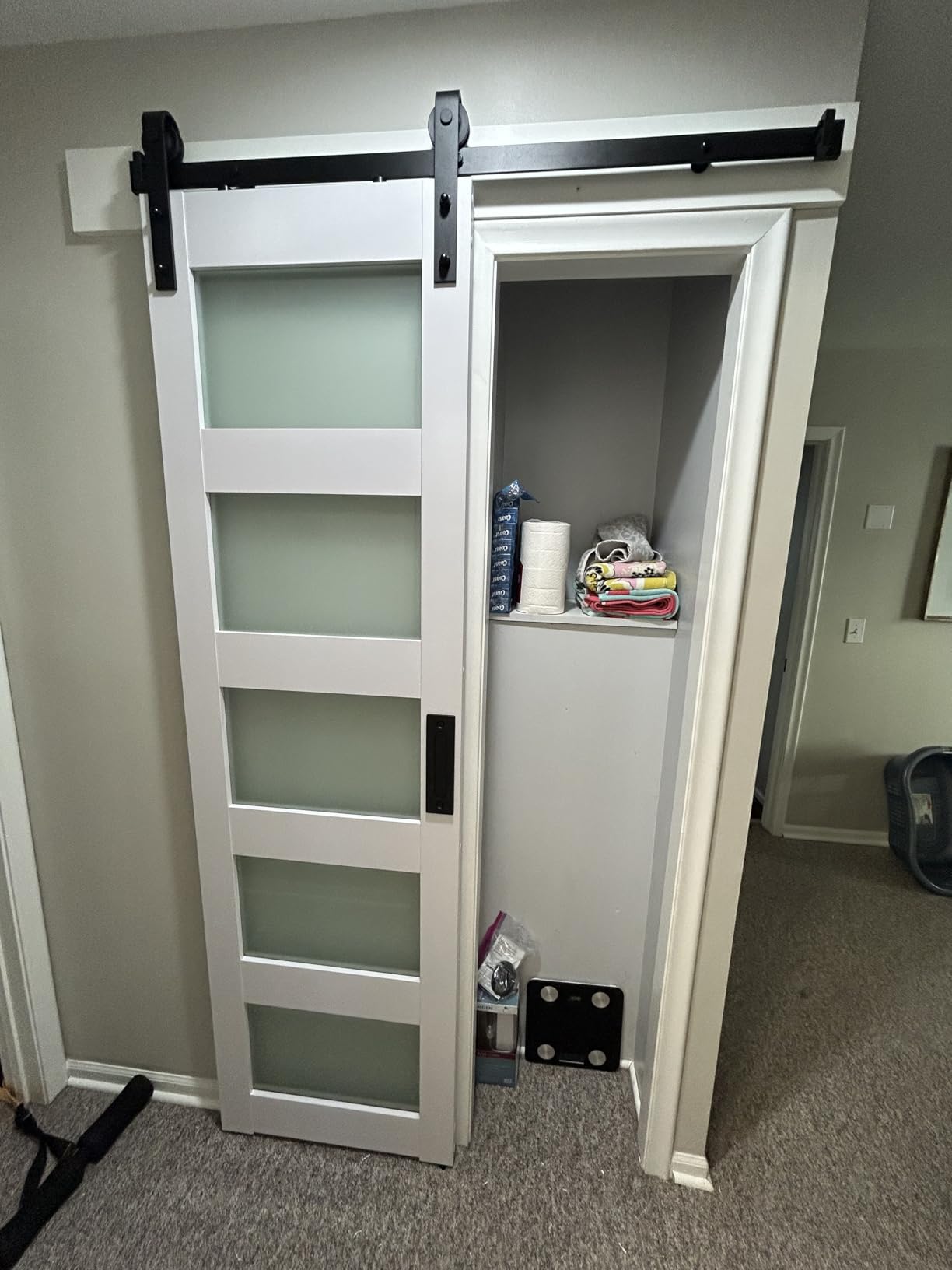 SmartStandard 72 x 84 in (Double 36x84 Door) Glass Barn Door with 12FT Sliding Hardware Kit & Handle, Pre-Drilled Ready to Assemble, Waterproof PVC Coating, 5-Panel Glass, White customer photo 1
