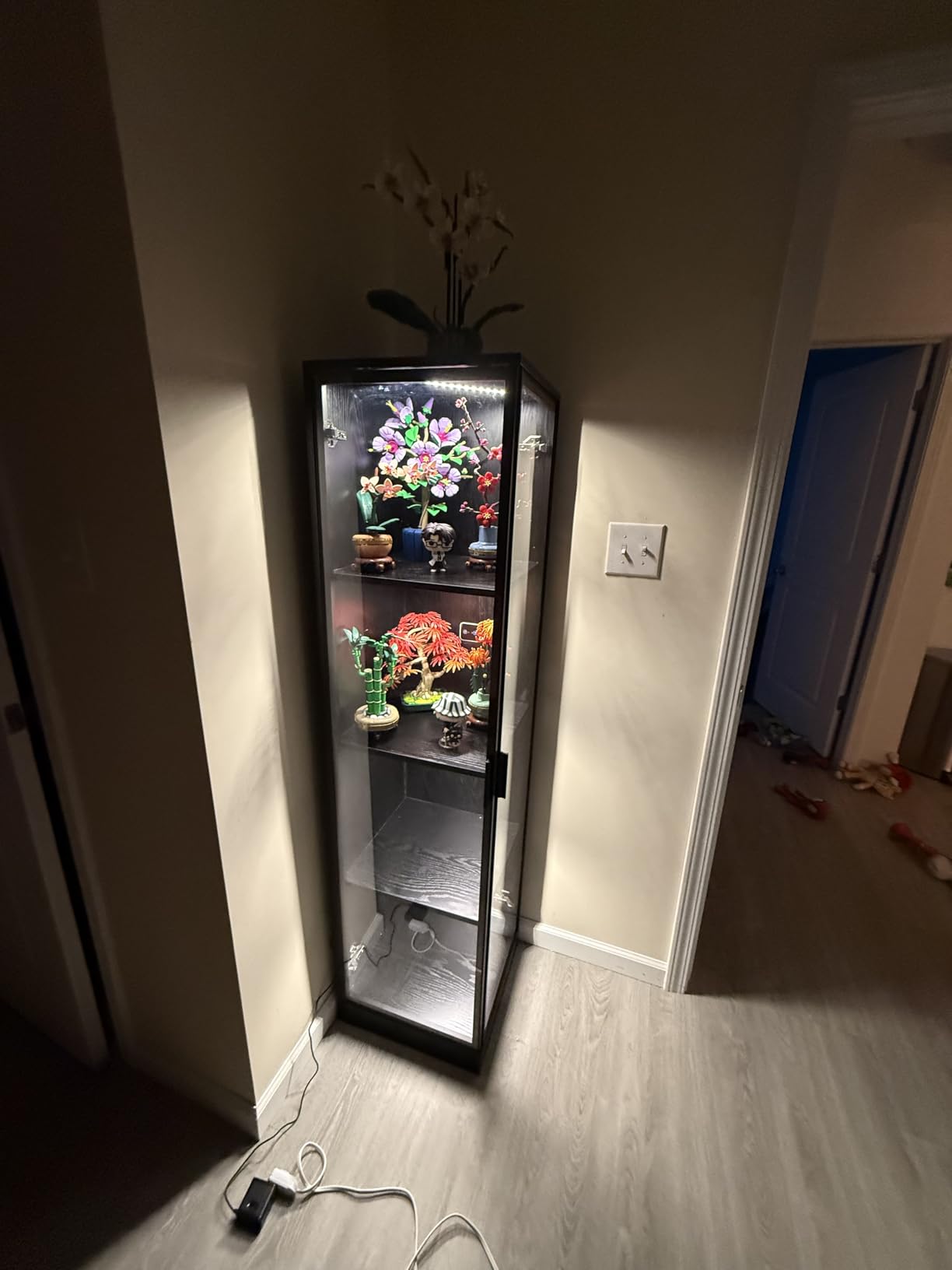 BROTTAR Corner Display Cabinet with Doors, 4-Tier Curio Cabinet for Collectibles, Display Case with 3 Color Light, Storage Cabinets with Door, Bookcase with Human Body Sensor, Black (15.7