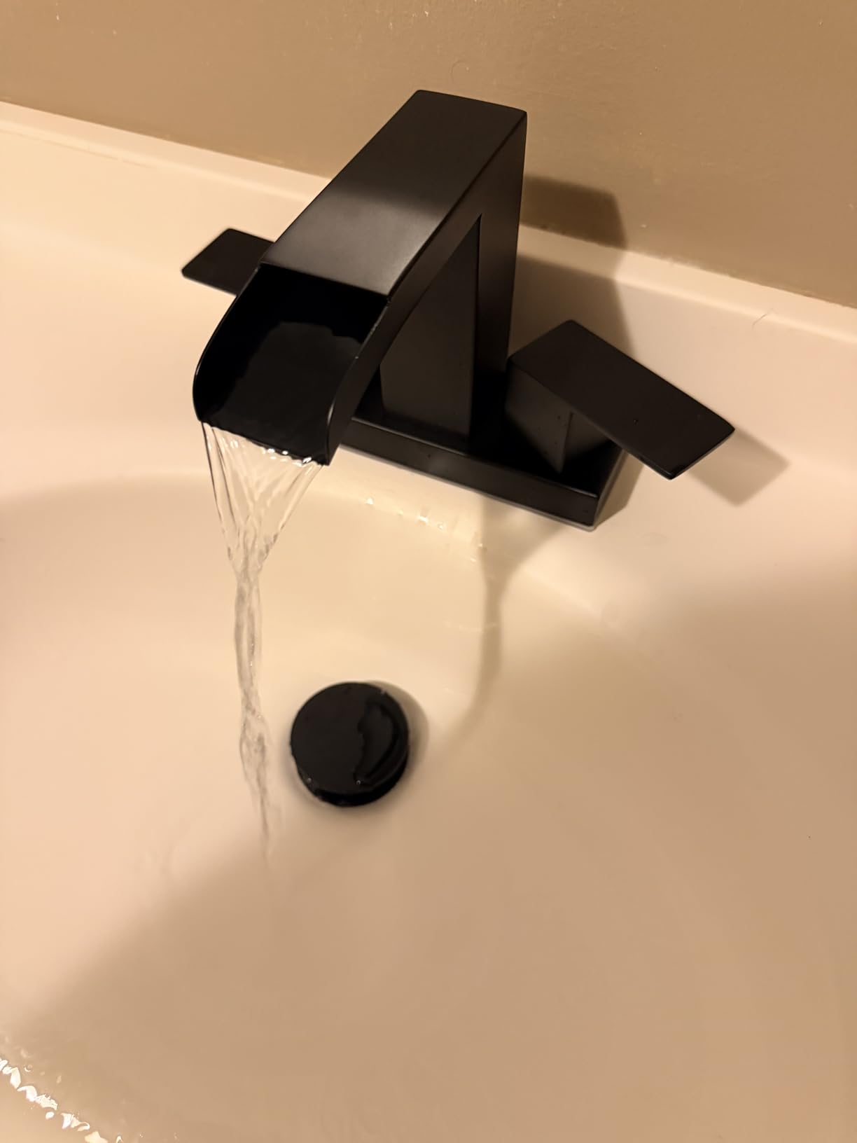 Cobbe Waterfall Bathroom Faucets 3 Hole, Matte Black Bathroom Sink Faucet Square 4 Inch Centerset with Pop-Up Drain, 2 Handle and 2 Supply Hoses, Lead-Free Stainless Steel for Vanity Sink Rv customer photo 1