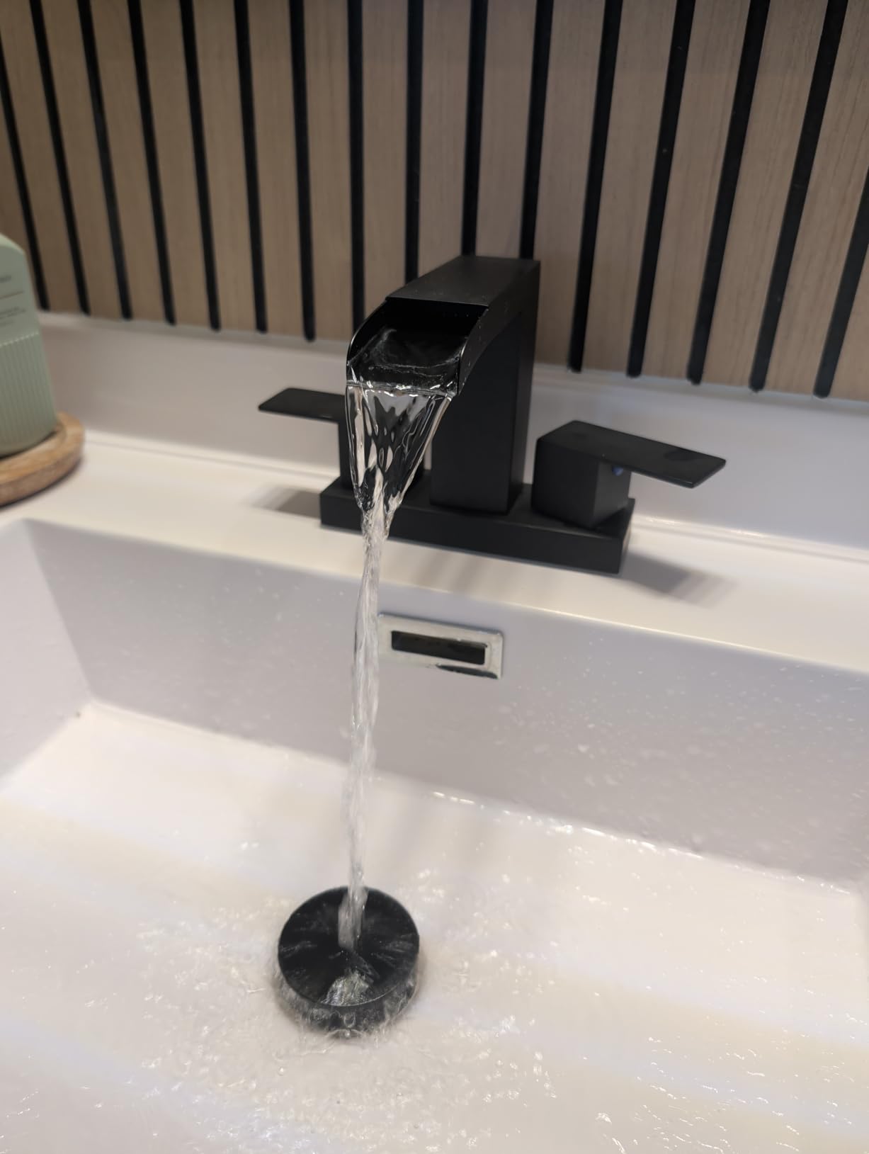 Cobbe Waterfall Bathroom Faucets 3 Hole, Matte Black Bathroom Sink Faucet Square 4 Inch Centerset with Pop-Up Drain, 2 Handle and 2 Supply Hoses, Lead-Free Stainless Steel for Vanity Sink Rv customer photo 2