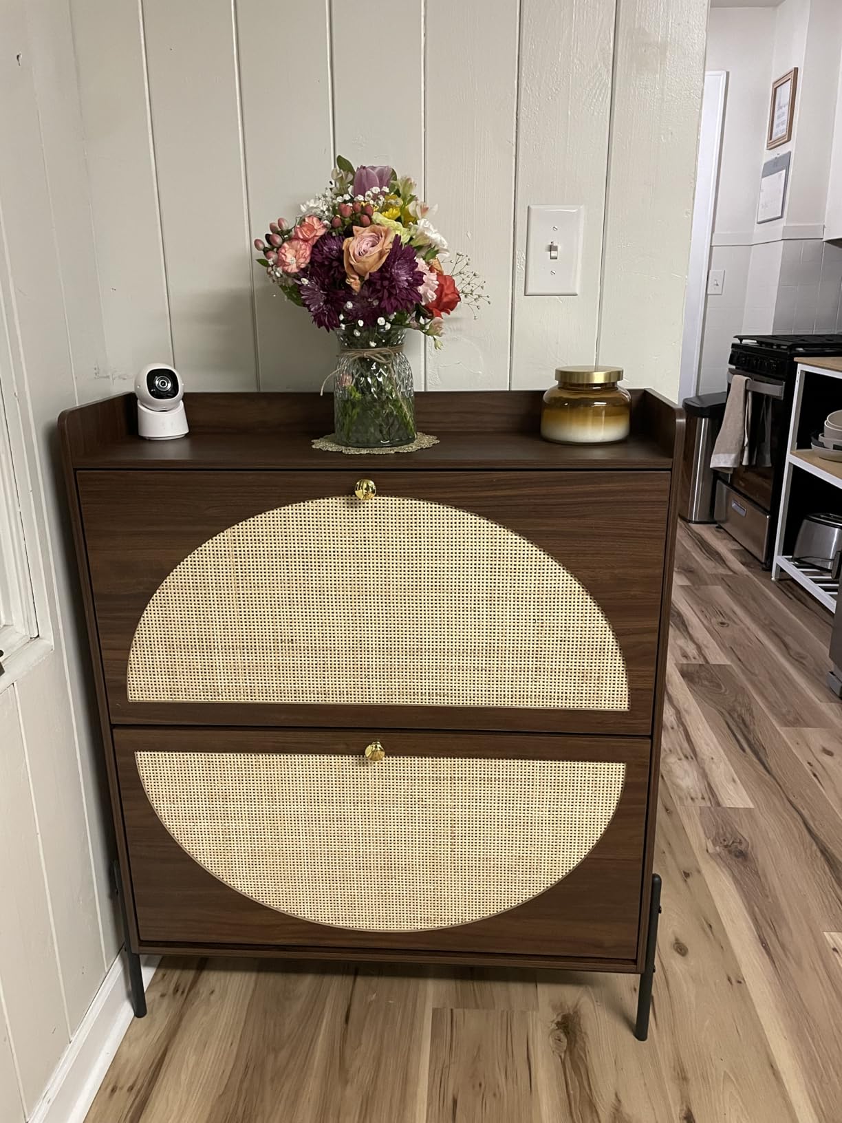 IRONCK Shoe Cabinet Storage with 2 Flip Drawers, Free Standing Wooden Shoe Storage Organizer Cabinet with Rattan Doors for Entryway, Narrow Shoe Rack Cabinet, Oak customer photo 1
