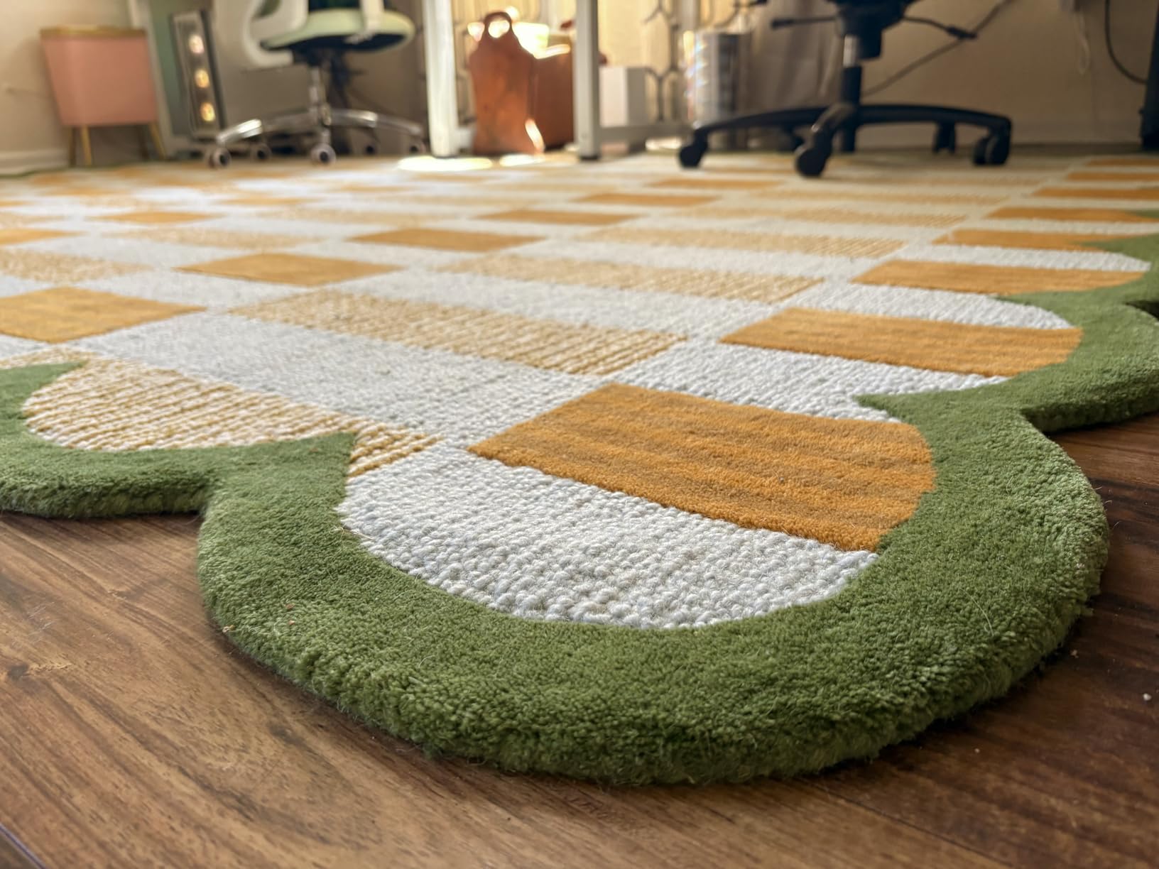 Checkered Hand-Tufted 100% Wool Area Rug - 5x7 Ft, Rectangular Light Blue Base with Mustard and Beige Blocks, Olive Green Scalloped Edge, Cotton Backing Plush Carpet for Bedroom & Nursery customer photo 1