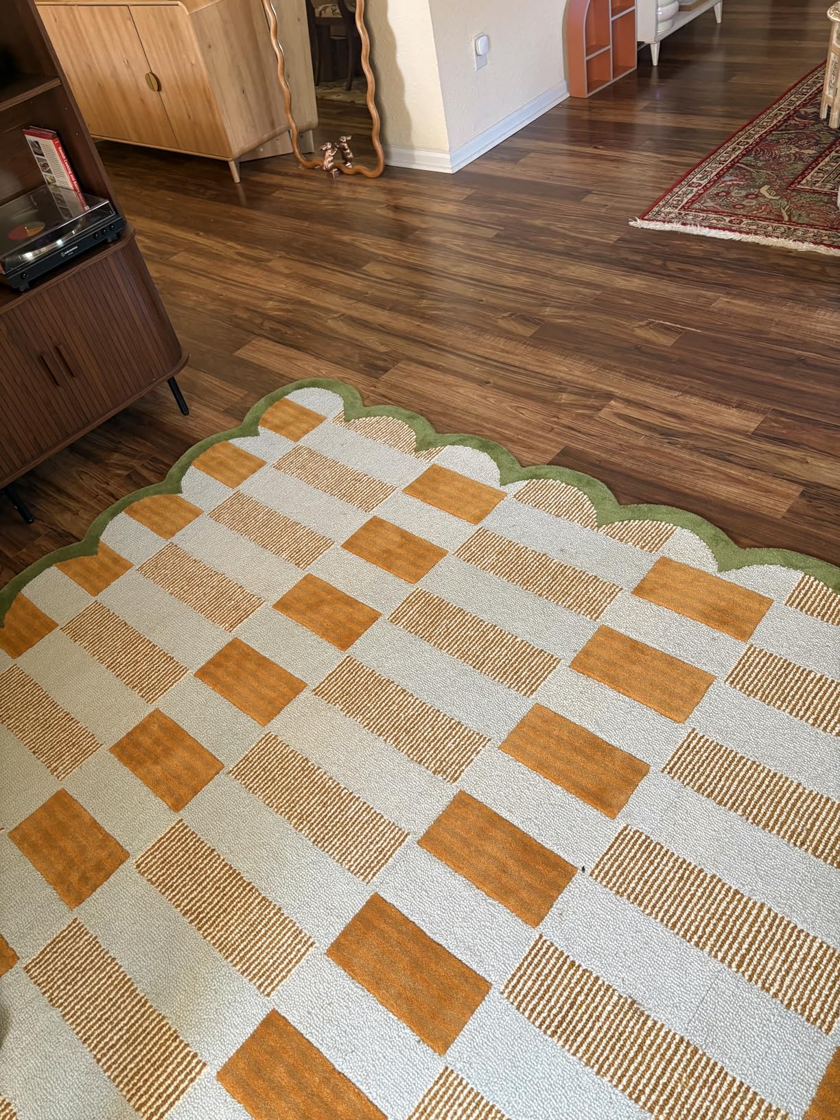 Checkered Hand-Tufted 100% Wool Area Rug - 5x7 Ft, Rectangular Light Blue Base with Mustard and Beige Blocks, Olive Green Scalloped Edge, Cotton Backing Plush Carpet for Bedroom & Nursery customer photo 2