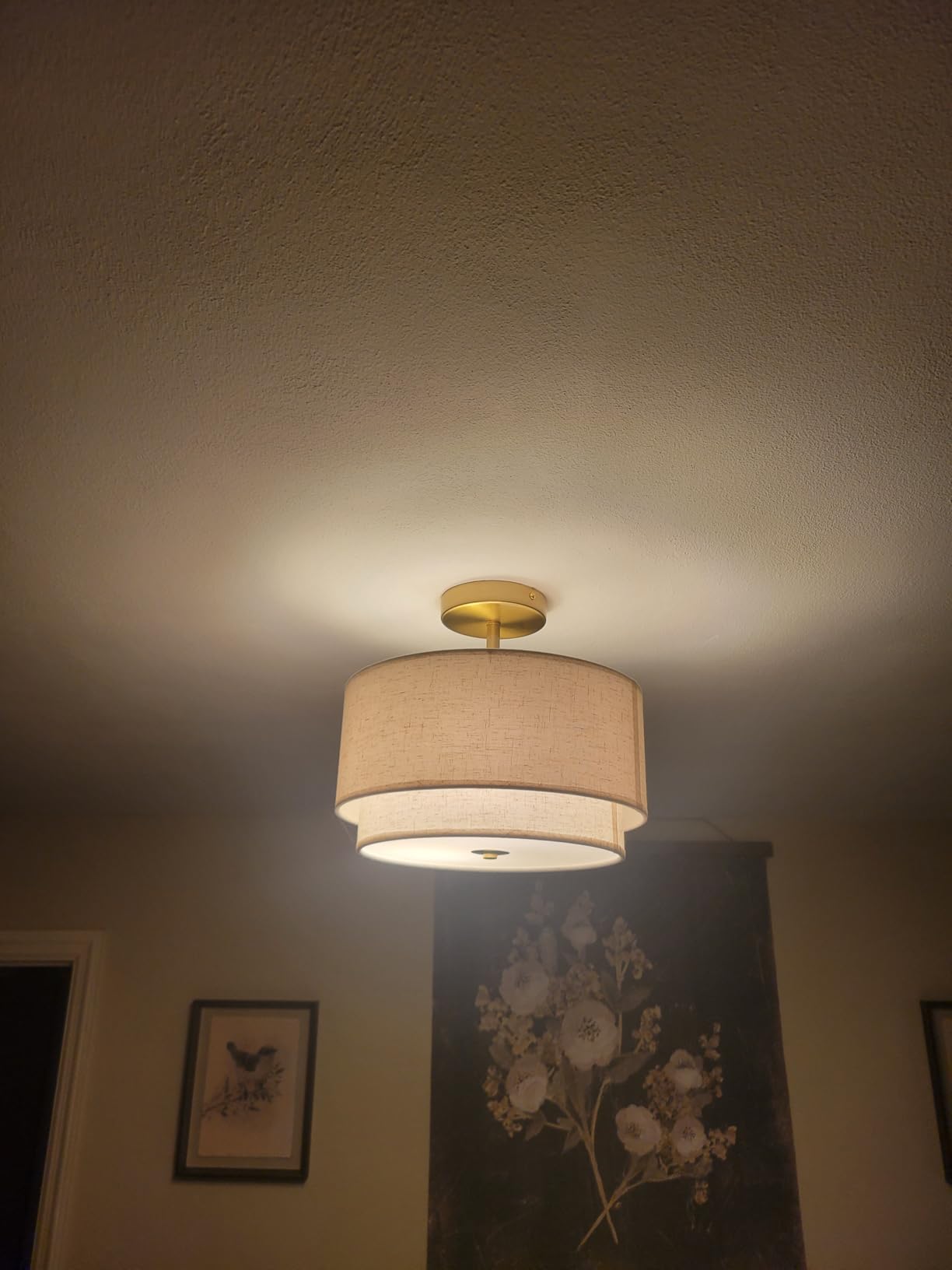 Semi Flush Mount Ceiling Light Fixture, 12.6'' Gold Light Fixtures Ceiling Mount, Modern Close to Ceiling Light with 2-Layer Linen Shade, Farmhouse Drum Ceiling Light for Bedroom Hallway Living Room customer photo 1