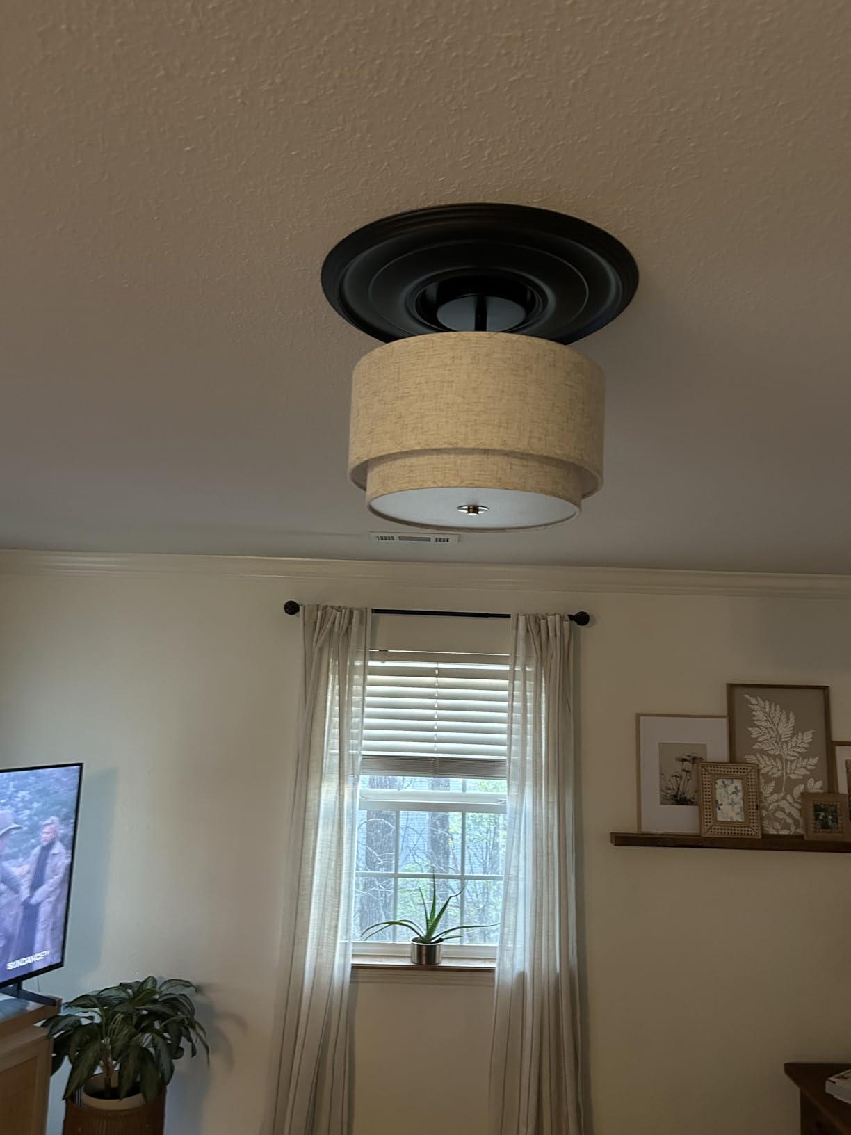 Semi Flush Mount Ceiling Light Fixture, 12.6'' Gold Light Fixtures Ceiling Mount, Modern Close to Ceiling Light with 2-Layer Linen Shade, Farmhouse Drum Ceiling Light for Bedroom Hallway Living Room customer photo 2