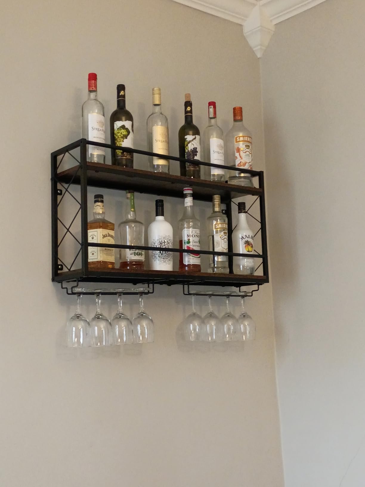 Wine Rack Wall Mounted 2 Tier Wall Wine Rack with Glass Holder, Double Layer Anti-Drop Crossbar, 31.5
