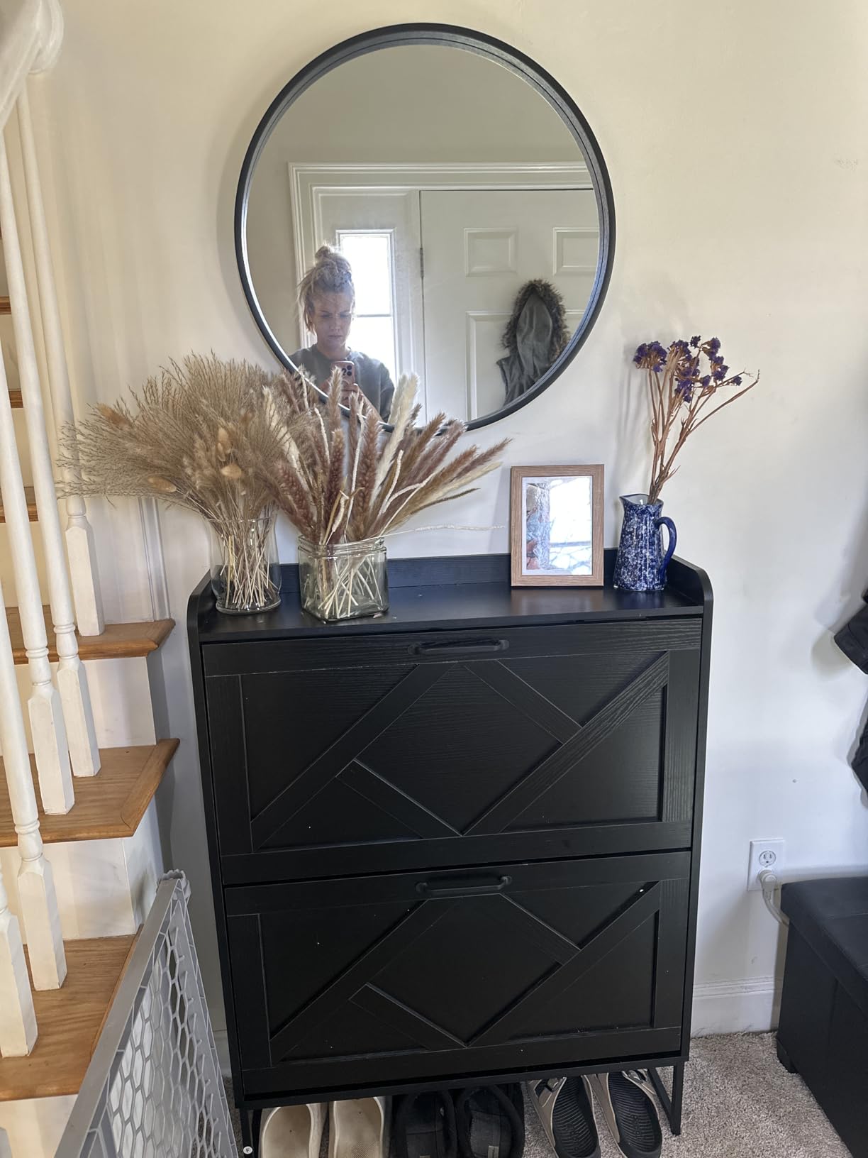 Nicetree Shoe Cabinet Organizer with 2 Flip Drawers, Freestanding Narrow Rack with Metal Legs, Farmhouse Slim Shoe Storage for Entryway, Rustic Brown customer photo 1