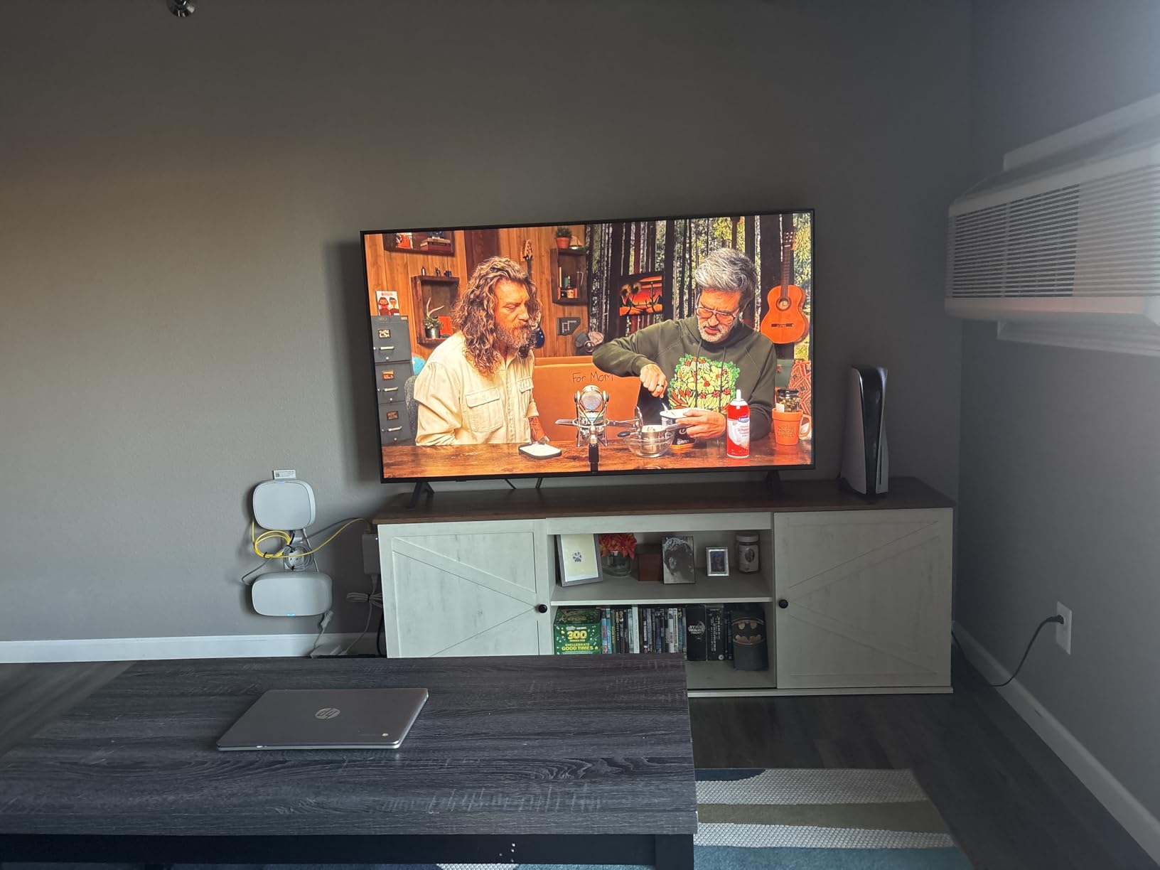 VASAGLE Farmhouse TV Stand for TVs up to 80 Inches, Entertainment Center with Storage Cabinets and Sliding Barn Doors, Media Console Table for Living Room, Rustic White and Honey Brown ULT V537W01 customer photo 2
