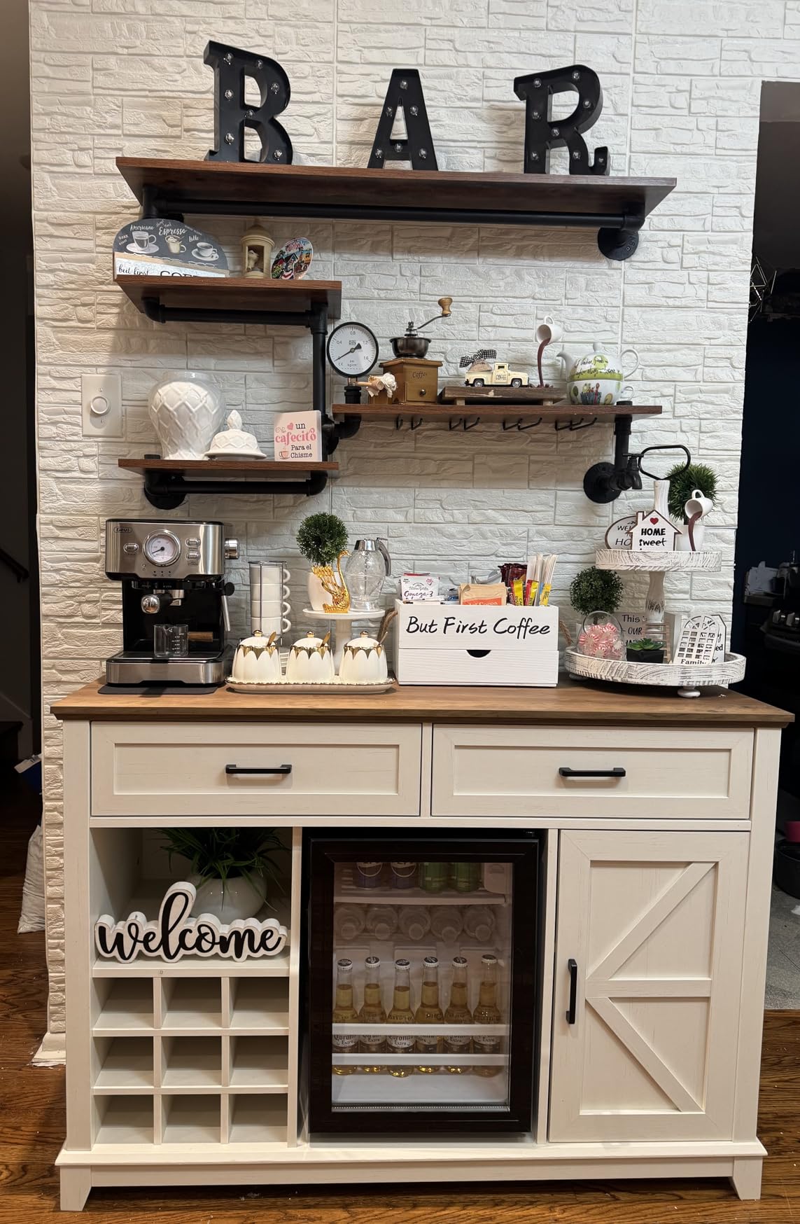 LUXOAK Farmhouse Coffee Bar Cabinet with Beverage Refrigerator Cooler, 47