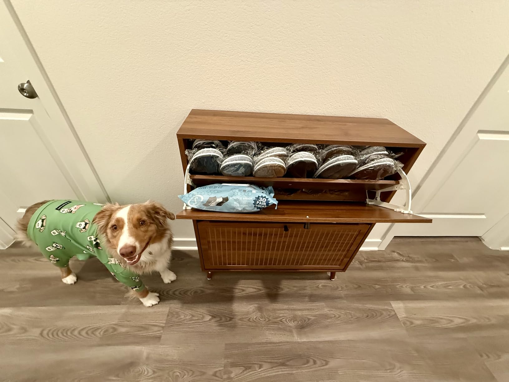 Fsbecl Shoe Storage Cabinet for Entryway with 2 Flip Drawers, Narrow Wood Shoe Cabinet with Fluted Panel, Walnut customer photo 2
