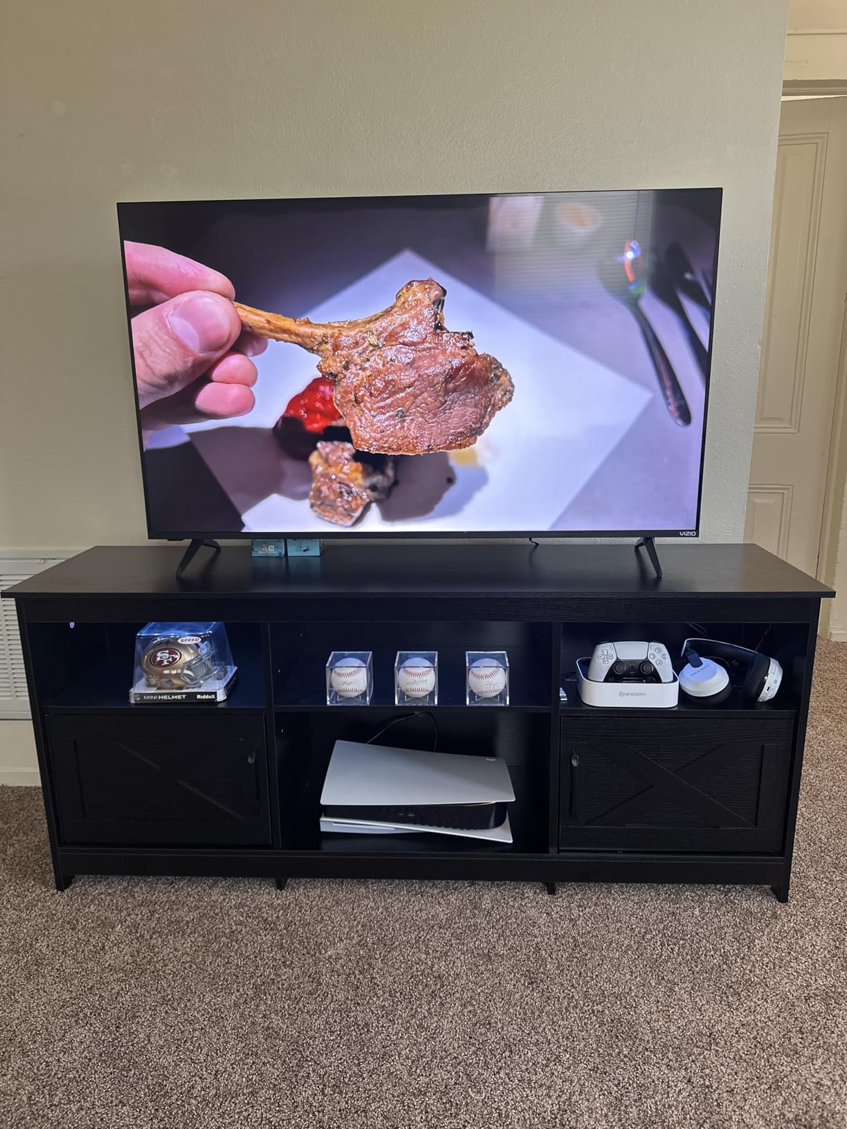 YITAHOME TV Stand for 65 Inch TVs, Entertainment Center with Storage Cabinets, Power Outlet & LED Light, Media TV Console with Barn Doors for Living Room, Black customer photo 2