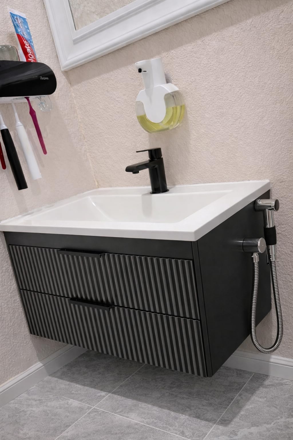24 Inches Modern MDF Bathroom Vanity with Sink, Wall Mounted Floating Cabinets w/Double Drawers, Black Handles, White Resin Sink Combo Set (Black, 24