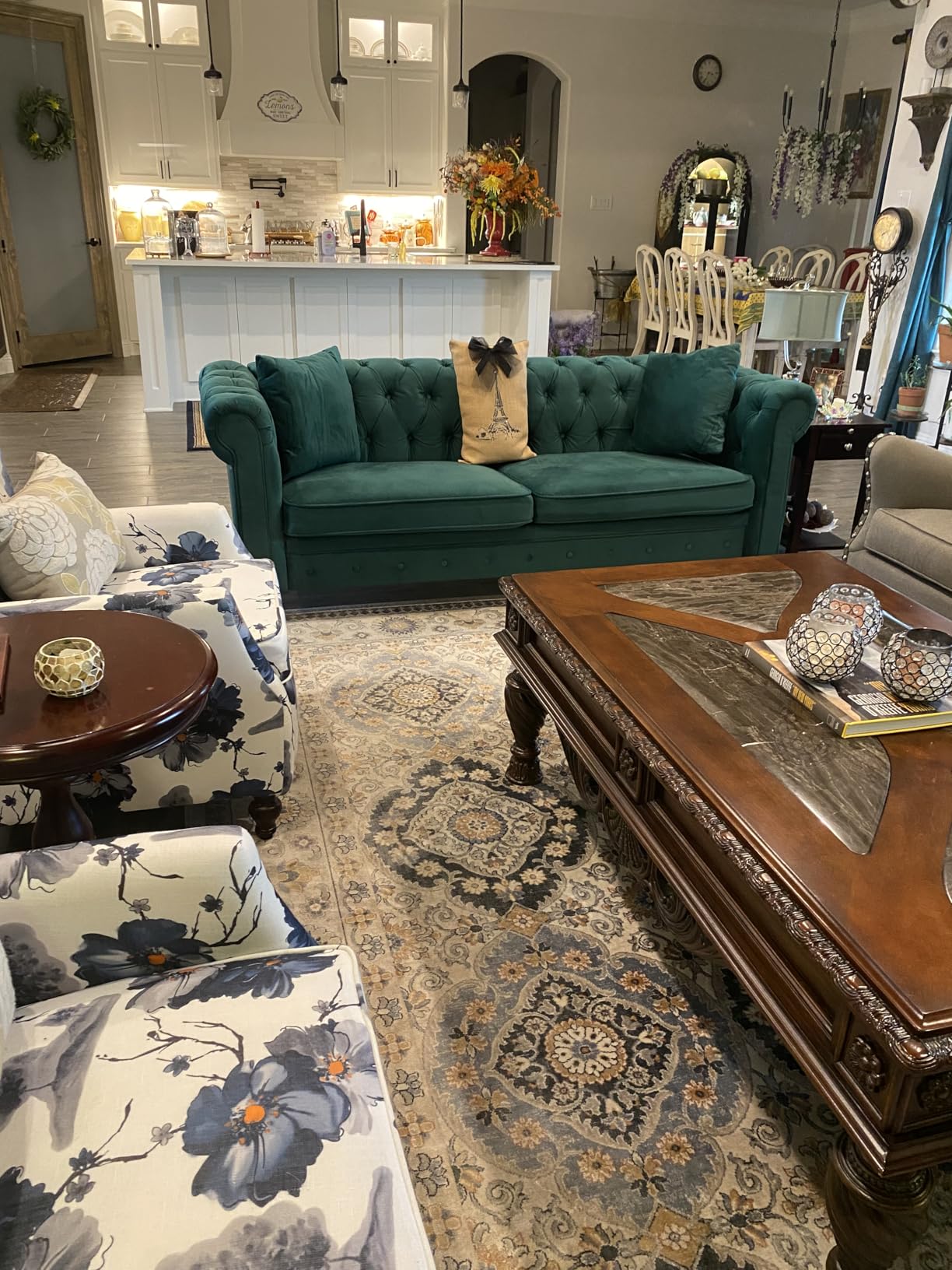 ONBRILL 82 Inch Chesterfield Sofa, 23 Inch Deep Seat Velvet Couch for Living Room, Button Tufted Couch with Rolled Arms, 2 Throw Pillows, Comfy Vintage Loveseat Sofa for Apartment, Green customer photo 2