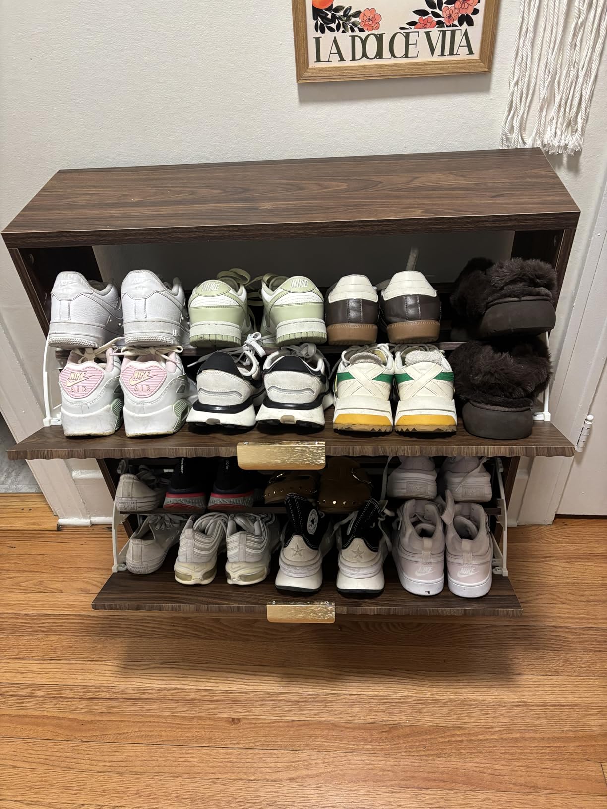 Shoe Cabinet Storage, Modern Freestanding Organizer with 2 Flip Drawers, Narrow Shoe Rack for Entryway, Walnut customer photo 1