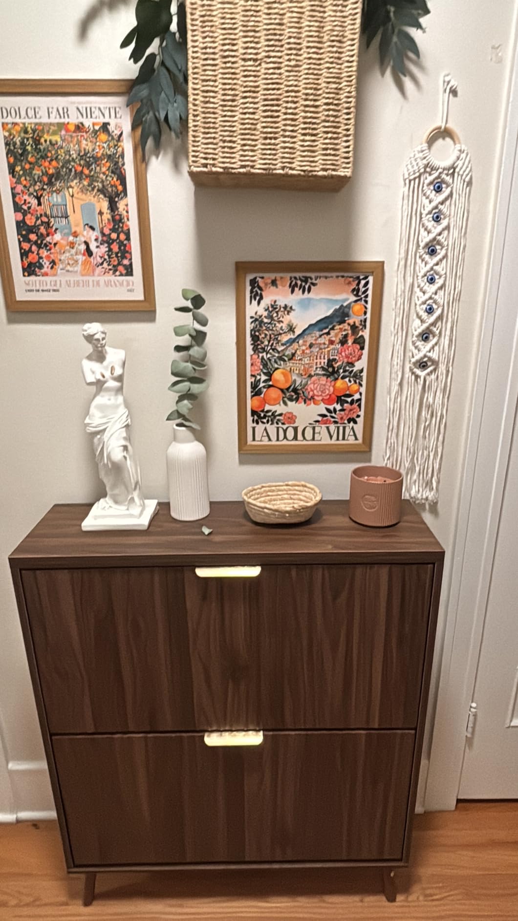 Shoe Cabinet Storage, Modern Freestanding Organizer with 2 Flip Drawers, Narrow Shoe Rack for Entryway, Walnut customer photo 2