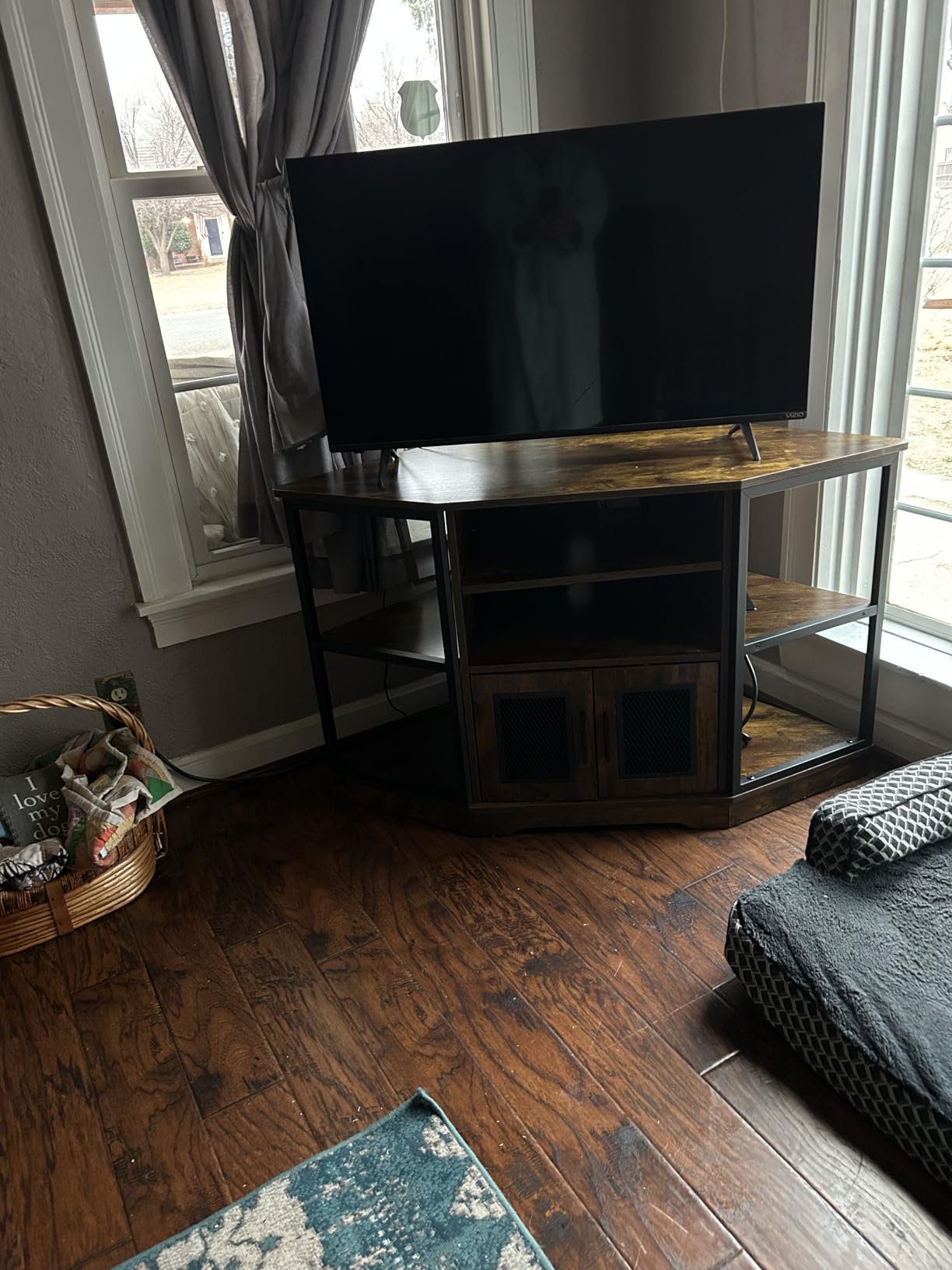 DWVO Corner TV Stand for 50 Inch TV, Farmhouse TV Stands for Living Room, Black Entertainment Center with Storage & Power Outlets, Wood TV Console Cabinet, Black customer photo 1