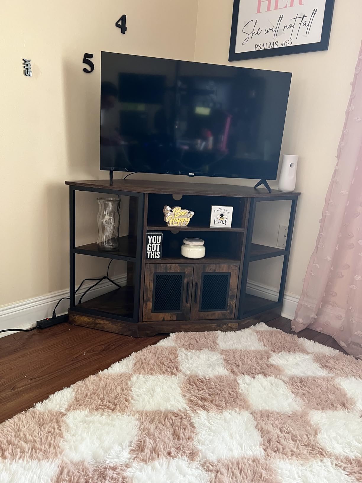 DWVO Corner TV Stand for 50 Inch TV, Farmhouse TV Stands for Living Room, Black Entertainment Center with Storage & Power Outlets, Wood TV Console Cabinet, Black customer photo 2