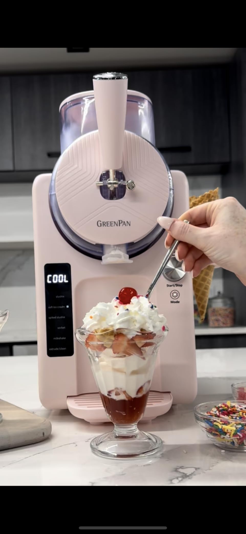 GreenPan Frost Ice Cream Maker & Slushie Machine, Soft Serve, Sorbet, Margaritas, Milkshakes, Frozen Yogurt, No Pre-Freezing, Ready in 15 Mins, 6 Modes, 7 Textures, Self-Cleaning, Family Size, Gray customer photo 2
