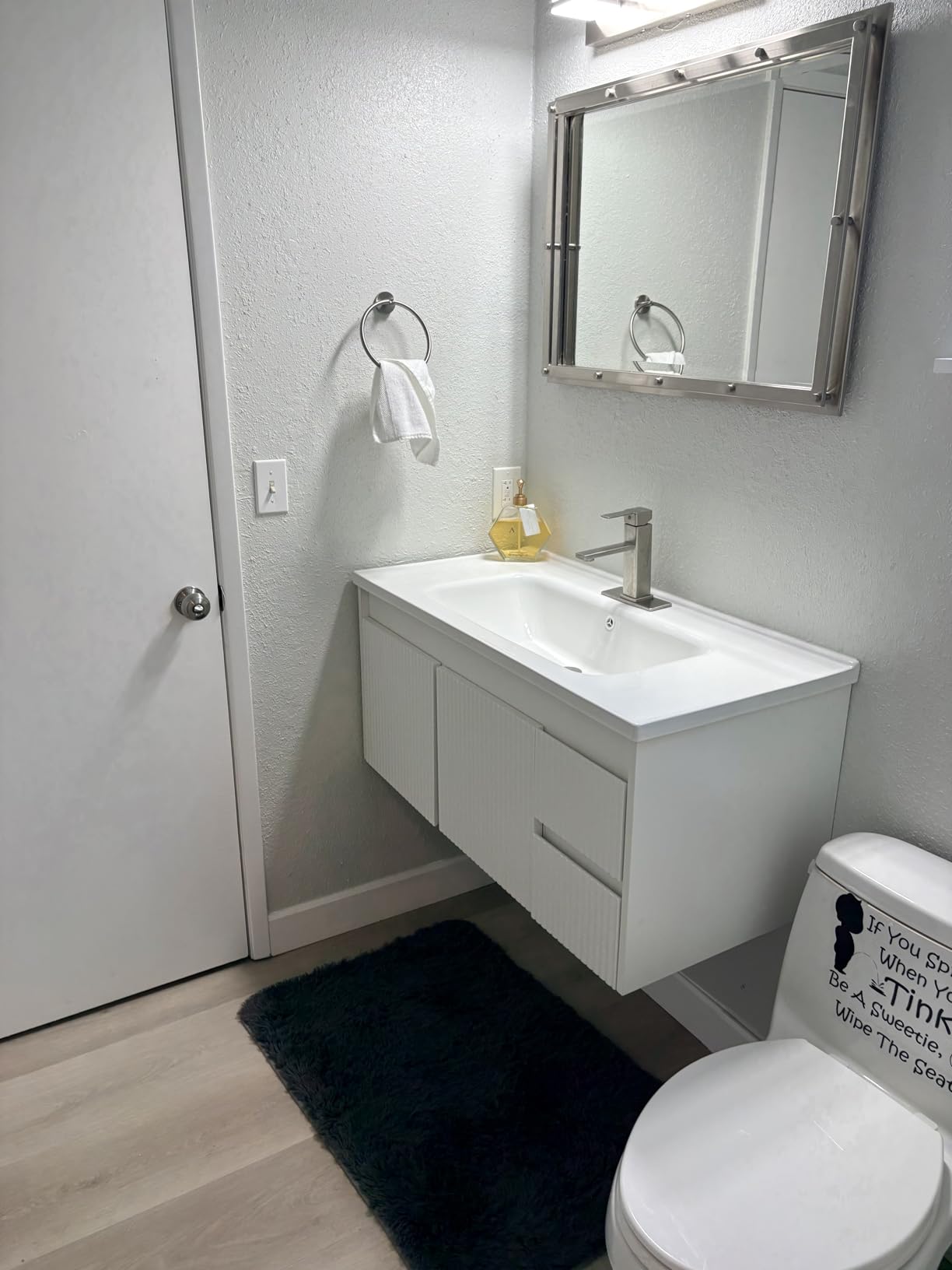 Ymise Floating Bathroom Vanity 32 Inch, Wall Mounted Bathroom Vanity with Ceramic Sink and 2 Drawers for Storage, Modern Wave-Carved Design Wooden Sink Cabinet, White customer photo 1