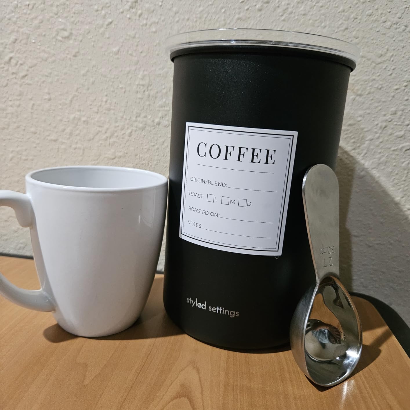 STYLED SETTINGS Coffee Storage Container - Airtight Vacuum Coffee Canister with Scoop and Label - Matte Black Canister Holds 1lb Beans or Grounds, Dual-Lid Freshness System - Perfect for Gifting customer photo 1