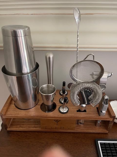 ETENS Cocktail Shaker Set Drink Mixer Bar Accessories - 15Pcs Mixology Bartender Kit Includes Boston Shaker, Japanese Jigger, Strainer, Bottle Opener, Cocktail Mixing Spoon - Handcrafted Wood Stand customer photo 1