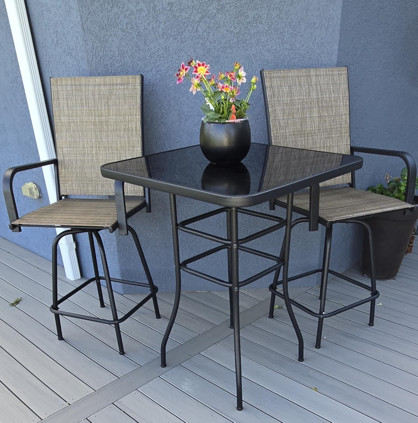 Greesum 3-Piece Patio Bar Set, High Top Table & 2 Swivel Bar Stools with Textilene Fabric, Outdoor Bistro Furniture for Balcony, Backyard, Poolside (Brown) customer photo 1