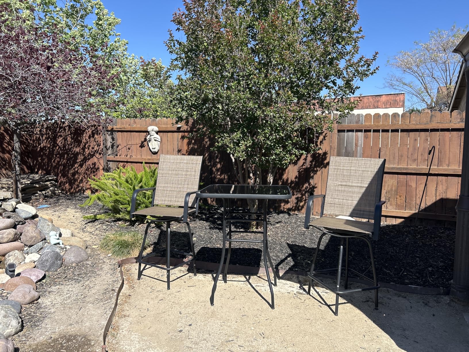 Greesum 3-Piece Patio Bar Set, High Top Table & 2 Swivel Bar Stools with Textilene Fabric, Outdoor Bistro Furniture for Balcony, Backyard, Poolside (Brown) customer photo 2