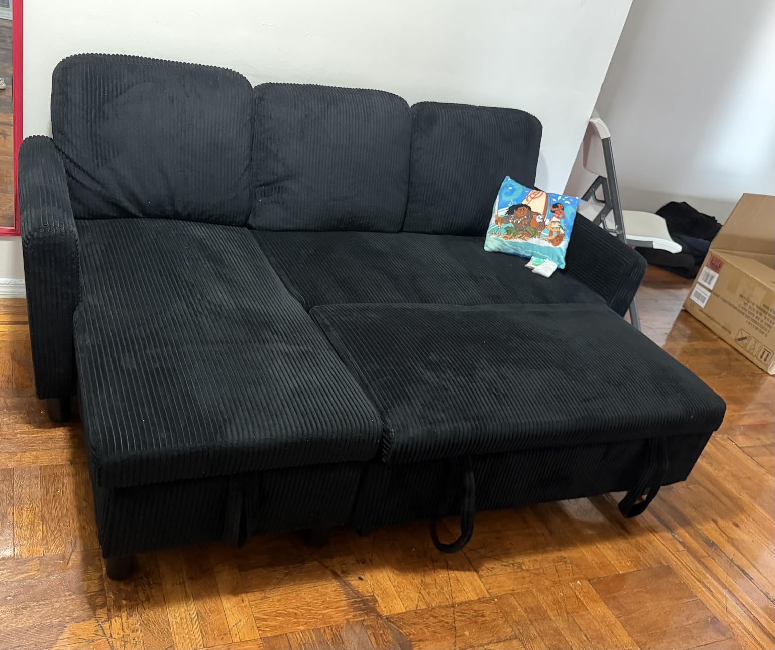 JAMFLY Pull Out Sleeper Sofa Bed with Storage Chaise, L-Shaped Corduroy Sectional Couch, 3-Seater Convertible Sofa with Hidden Storage for Small Living Room, Apartment, Office, Grey customer photo 1
