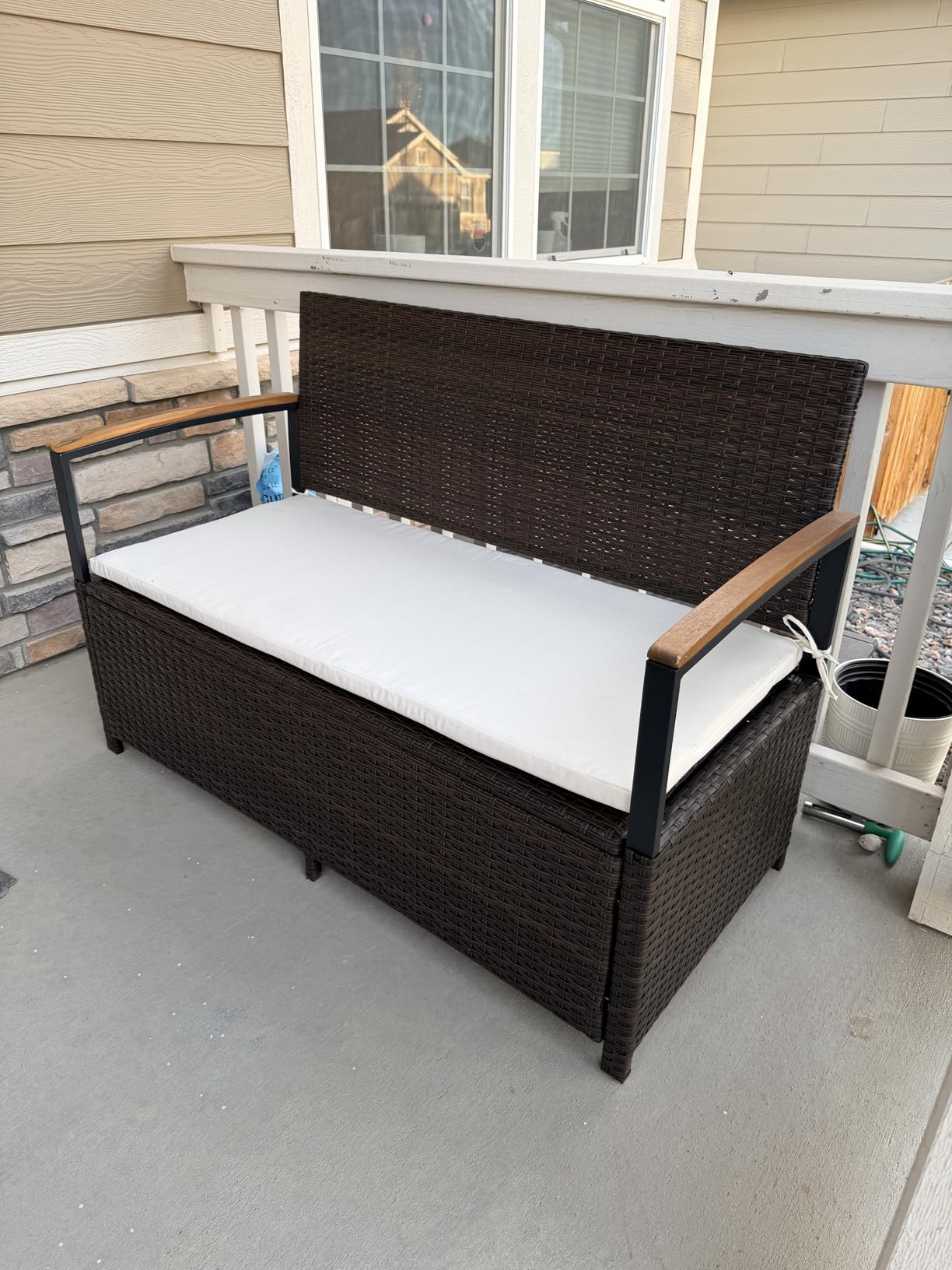 RELAX4LIFE Wicker Outdoor Storage Bench, Rattan Deck Box w/Protective Liner for Patio Furniture Pillows & Garden Tools, Porch Loveseat with Seat Cushion, Acacia Wood Armrests (Black-Beige) customer photo 1