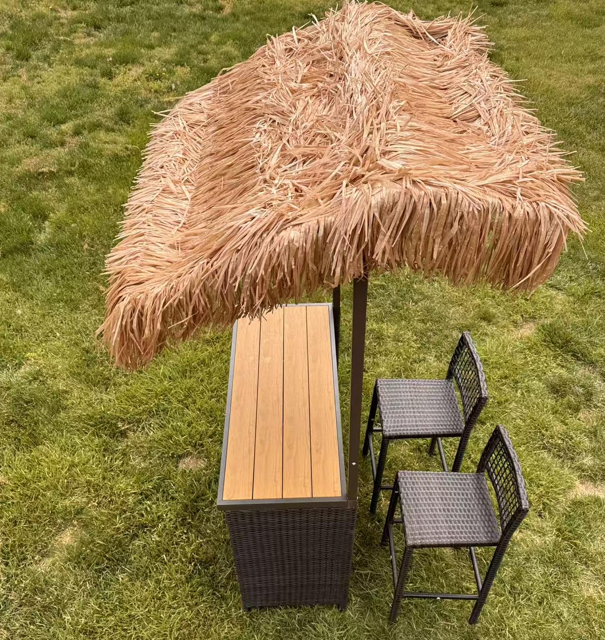 Outdoor Tiki Bar Set, 3 Pieces All-Weather Wicker Patio Bar Set with 2 Height Stools and Storage, Outdoor Bar Set for Outside Patio, Garden, Backyard, Brown customer photo 1