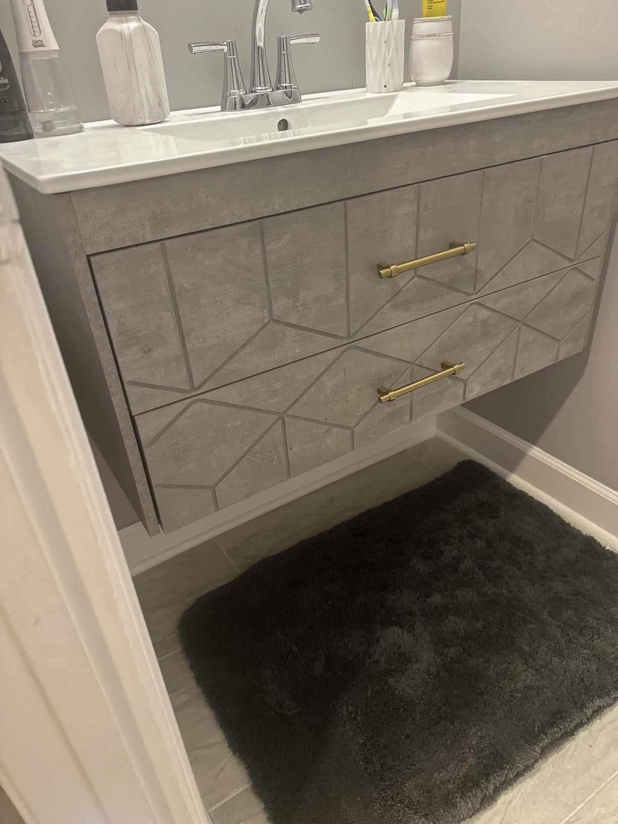 IDEALHOUSE Floating Bathroom Vanity with Sink 36 inch, Modern Bathroom Sink Cabinet, Ceramic Vanity Top, 2 Large Storage Drawers with Gold Metal Handle, Easy to Assembly, Grey customer photo 1