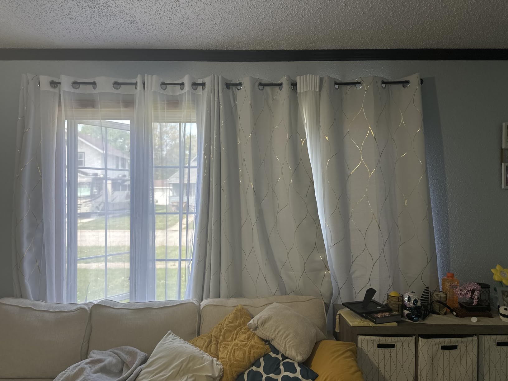 Deconovo Black Blackout Curtains 2 Panel Set for Bedroom, Thermal Insulated Grommet Room Darkening Window Drapes for Living Room, Silver Wave Foil Print, 42W x 63L Inch customer photo 2