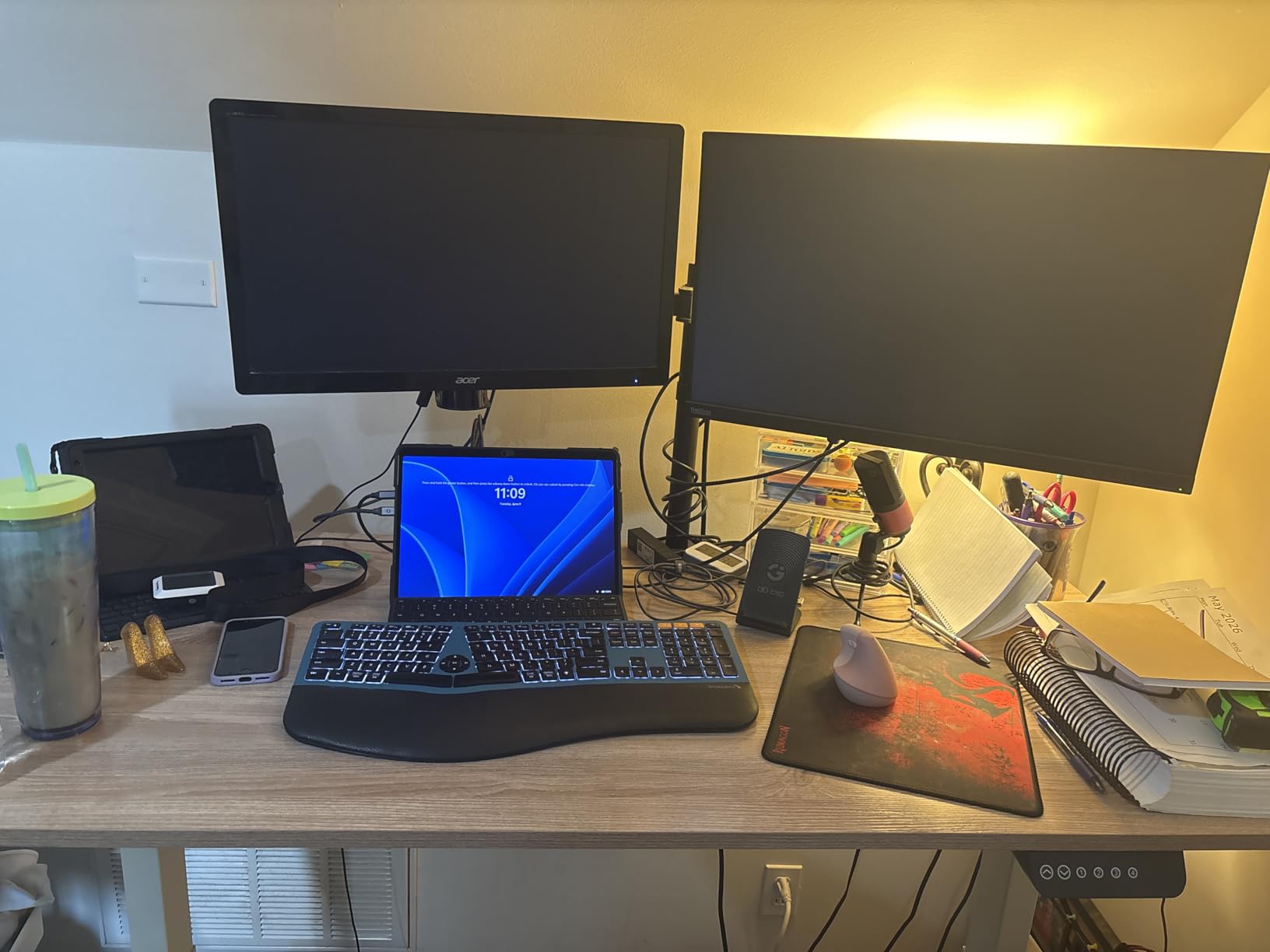SHW 55 x 28 Inches Electric Height Adjustable Standing Desk with Drawer and Memory Preset, Maple customer photo 1