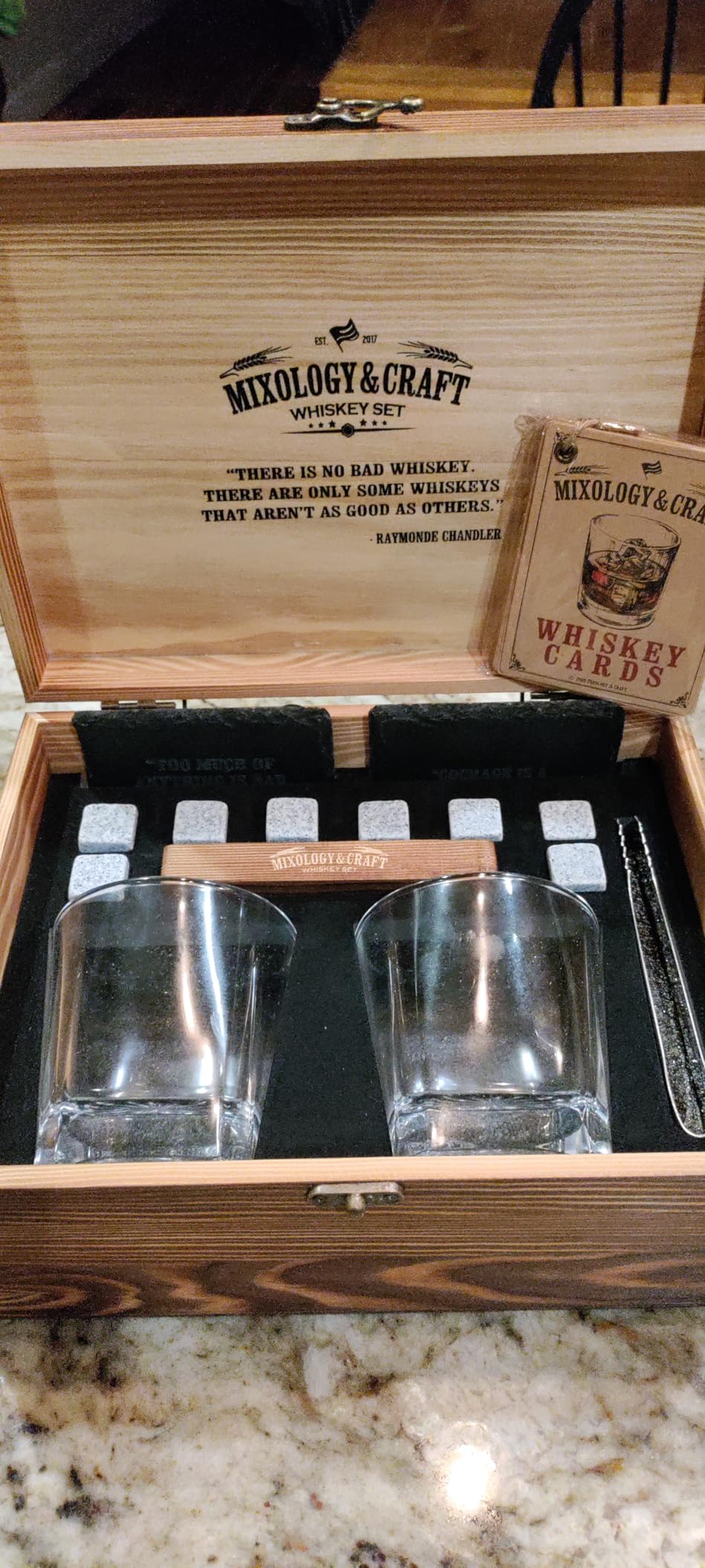 Mixology & Craft Whiskey Stones Gift Set: with Two 10oz Lead-Free Crystal Whiskey Glasses, 8 Whiskey Stones with Velvet Bag, 2 Slate Coasters & Recipe Cards in Wooden Crate | Great customer photo 2