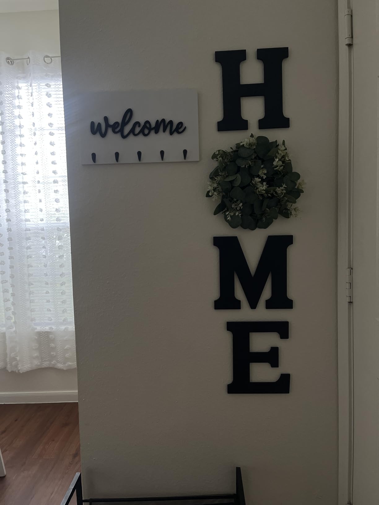 Wood Home Sign with Artificial Eucalyptus Wreath for O, Hanging Farmhouse Wall House Decor Wood Letters for Wall Art Rustic Home Decor, Wall Decor for Living Room Kitchen Entryway (Black) customer photo 2