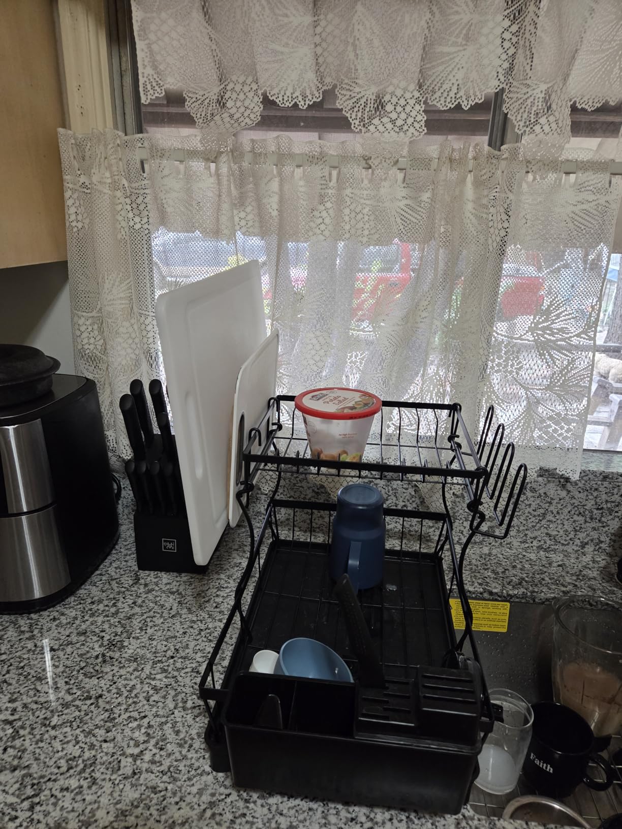7 code 2-Tier Large Dish Drying Rack for Kitchen Counter, Black | Detachable Large Capacity Dish Drainer Organizer with Auto Drain, Anti-Rust Dish Rack with Cup & Utensil Holders customer photo 1