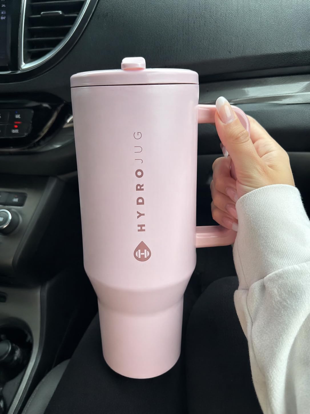 HydroJug Traveler - 40 oz Water Bottle with Handle & Flip Straw - Fits in Cup Holder, Leak Resistant Tumbler-Reusable Insulated Stainless Steel & Rubber Base, Pink Sand customer photo 2