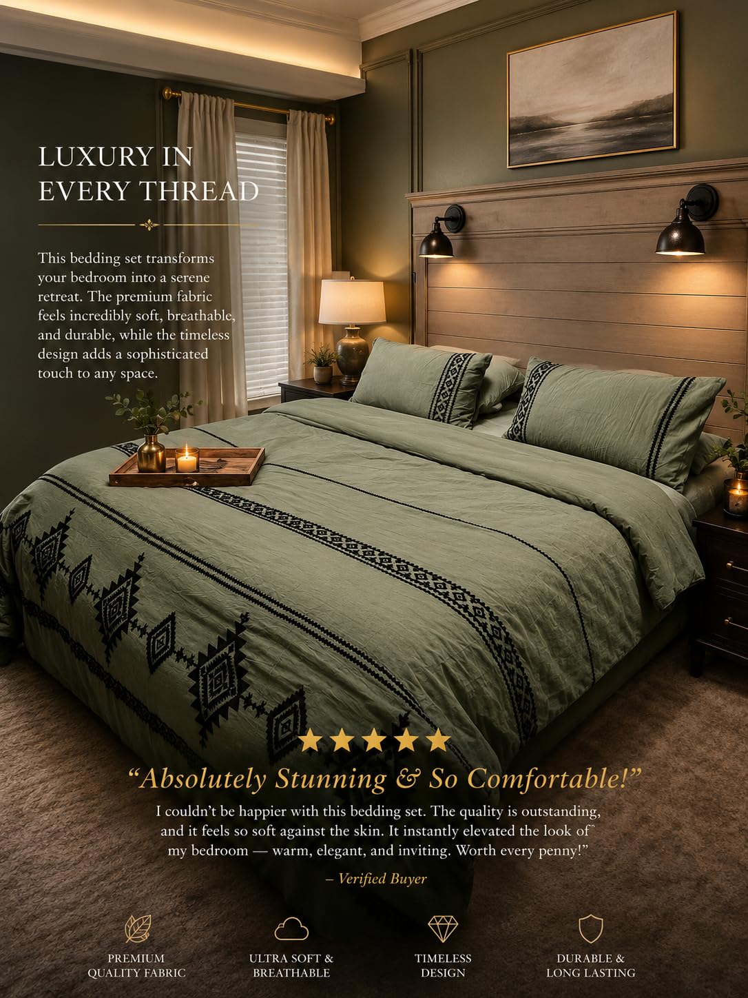 MaiReve Embroidery Comforter Set, Boho Farmhouse Western Bedding Set, All Season Bed in A Bag Comforter Set with Sheets, Pillowcases & Shams, Olive Green Queen 7 Pieces customer photo 1
