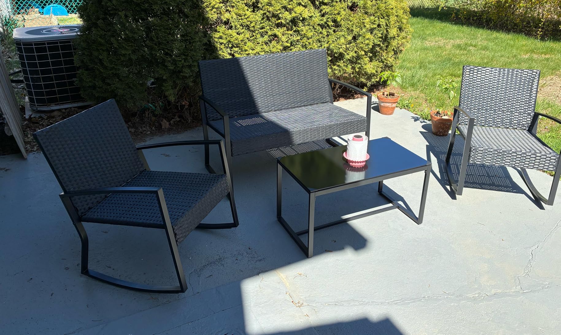 Ahomly 4 Piece Outdoor Patio Furniture Set, Wicker Patio Furniture with Glass Coffee Table, Rocking Wicker Bistro Set, for Backyard, Poolside, Porch (Grey) customer photo 1