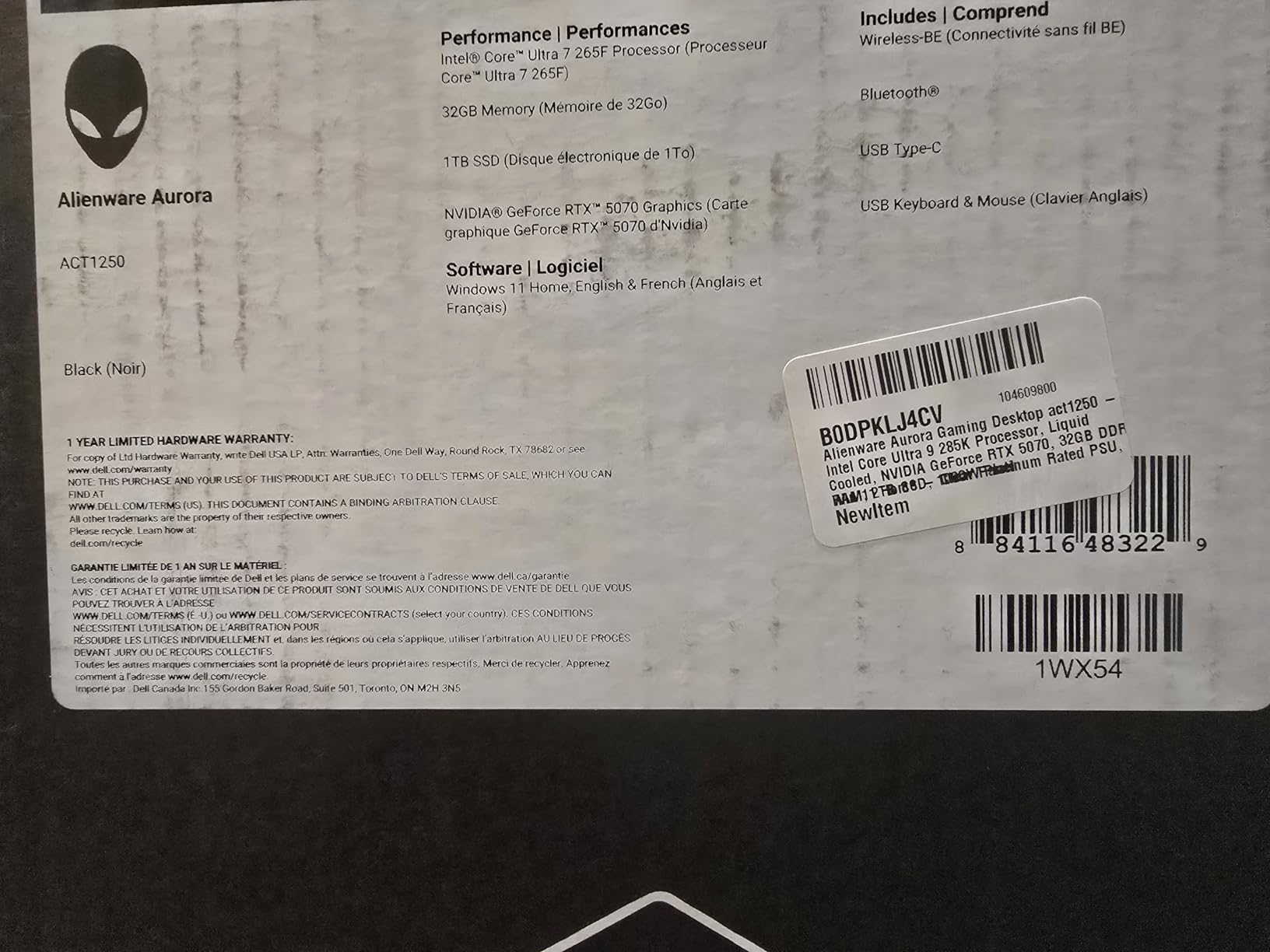 Alienware Aurora Gaming Desktop ACT1250 - Intel Core Ultra 7 265F, 32GB DDR5 RAM, 1TB SSD, NVIDIA GeForce RTX 5070, Windows 11 Home customer photo 2