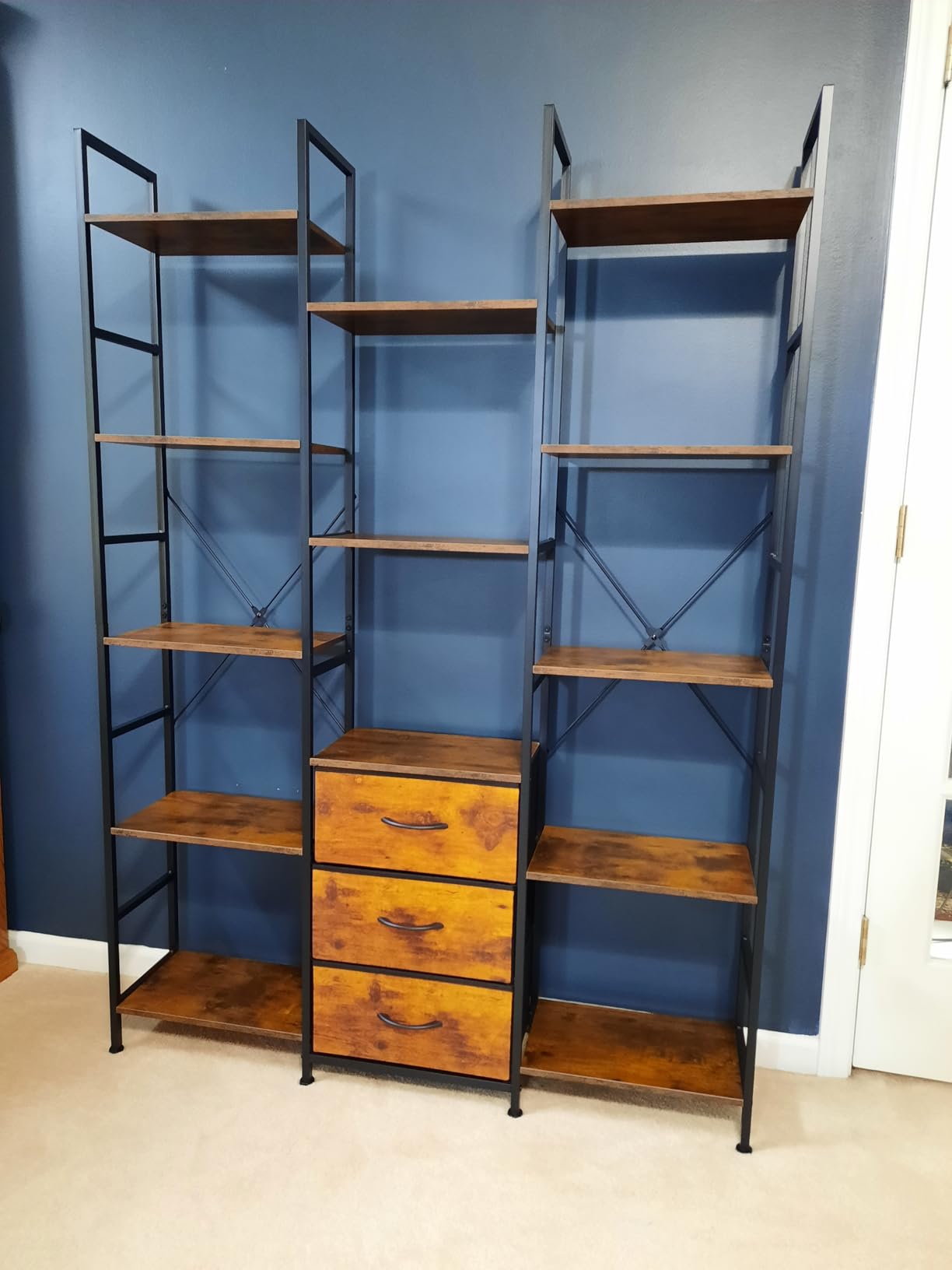 AFLUI Triple Bookshelf with 3 Fabric Drawers, 4-Tier Book Shelf and 10 Display Shelves, Industrial Large Bookcase for Home & Office, Rustic Brown, 47'' Wide customer photo 2