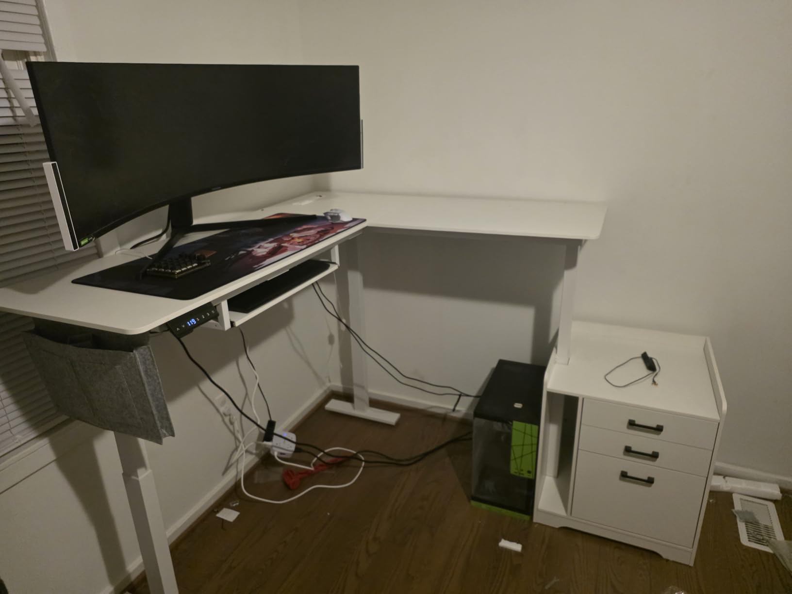 SEDETA L Shaped Electric Standing Desk with File Cabinet, 63 x 53'' Height Adjustable Home Office Computer Desk with Drawers, Power Outlet, Stand up Gaming Table with Led Lights, Keyboard Tray, Black customer photo 2